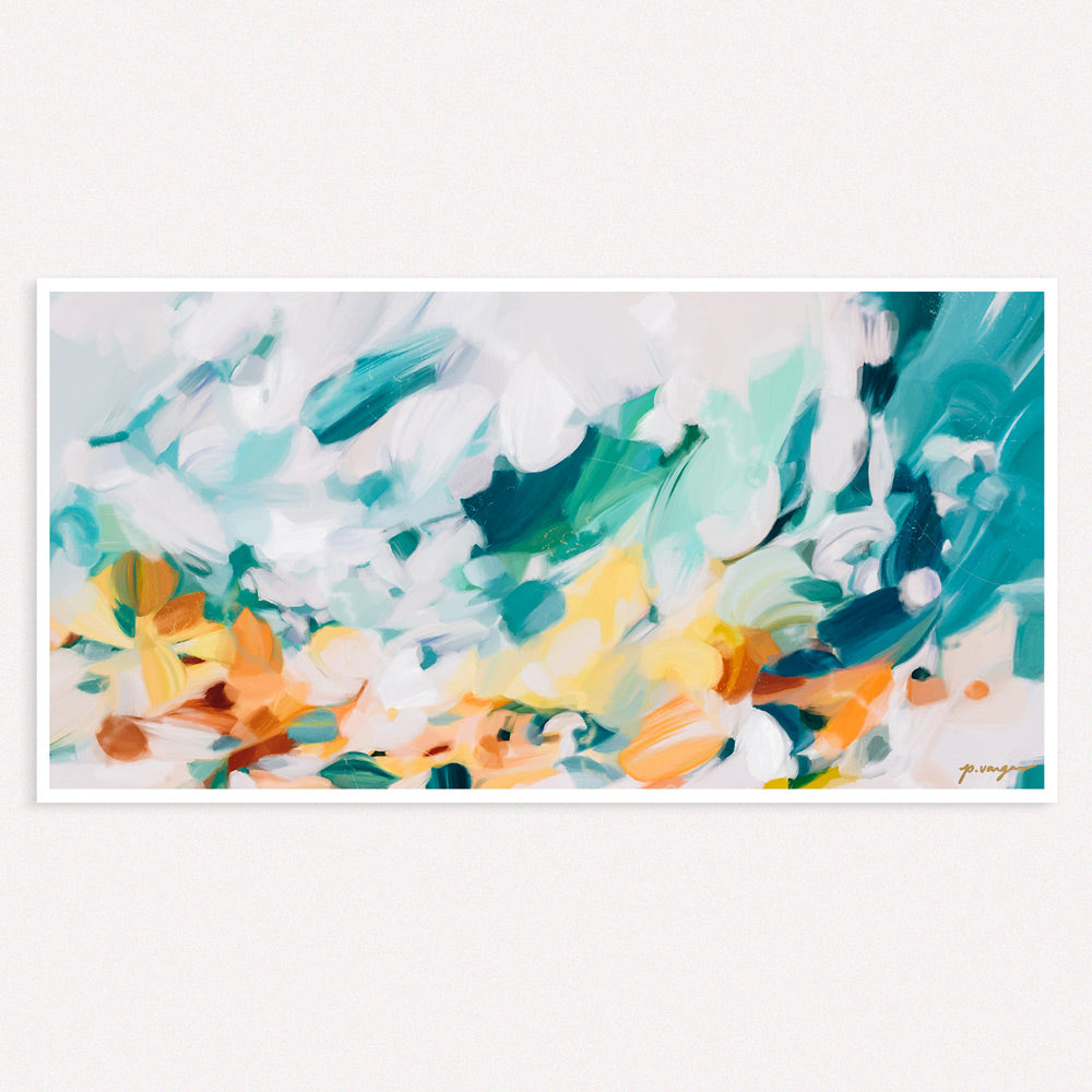 Cyan - bright and sunny abstract art print by Parima Studio - extra long, panoramic, art for over the bed, art for over the sofa.