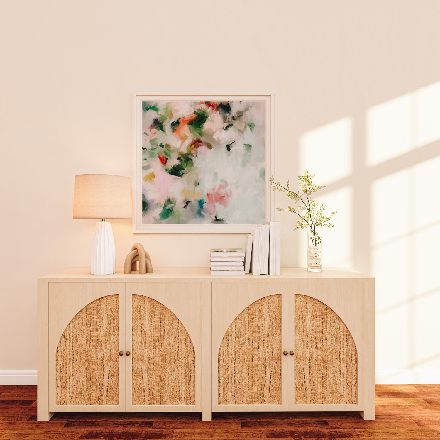 Diem, green and pink colorful abstract wall art print by Parima Studio. Art for over sideboard in living room