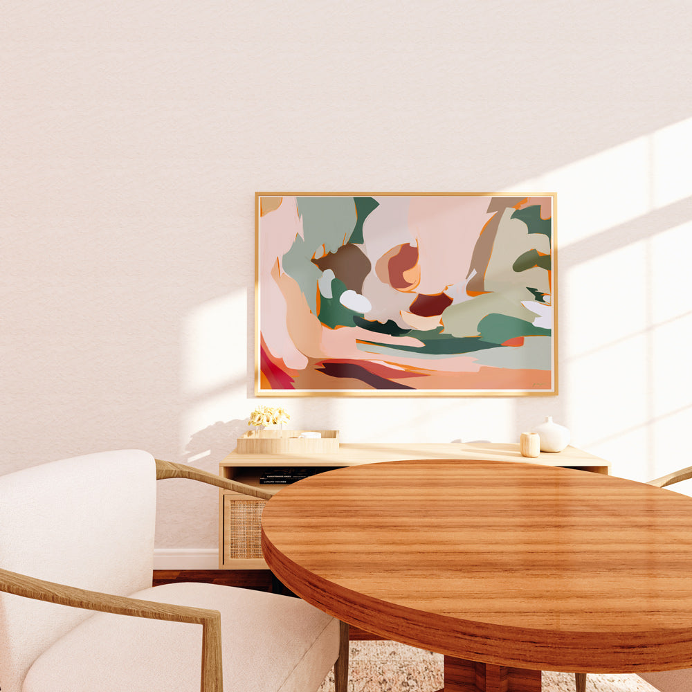 Easton, neutral contemporary abstract wall art print in dining room by Parima Studio. Art over buffet. Art over credenza