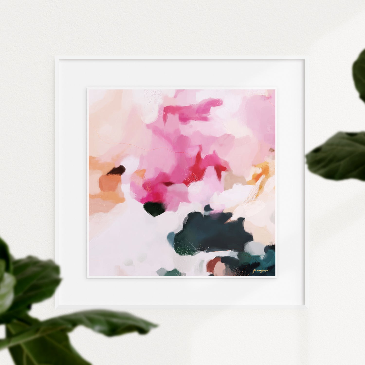 Elle, pink and green colorful abstract wall art print by Parima Studio. Oversize square wall art for living room