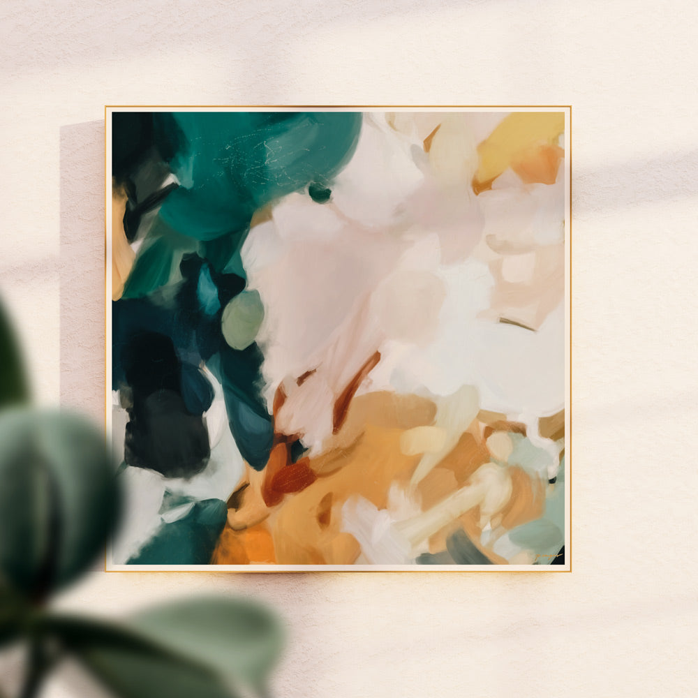 Emerald, green abstract art - square wall art - oversized art in living room or dining room by Parima Studio