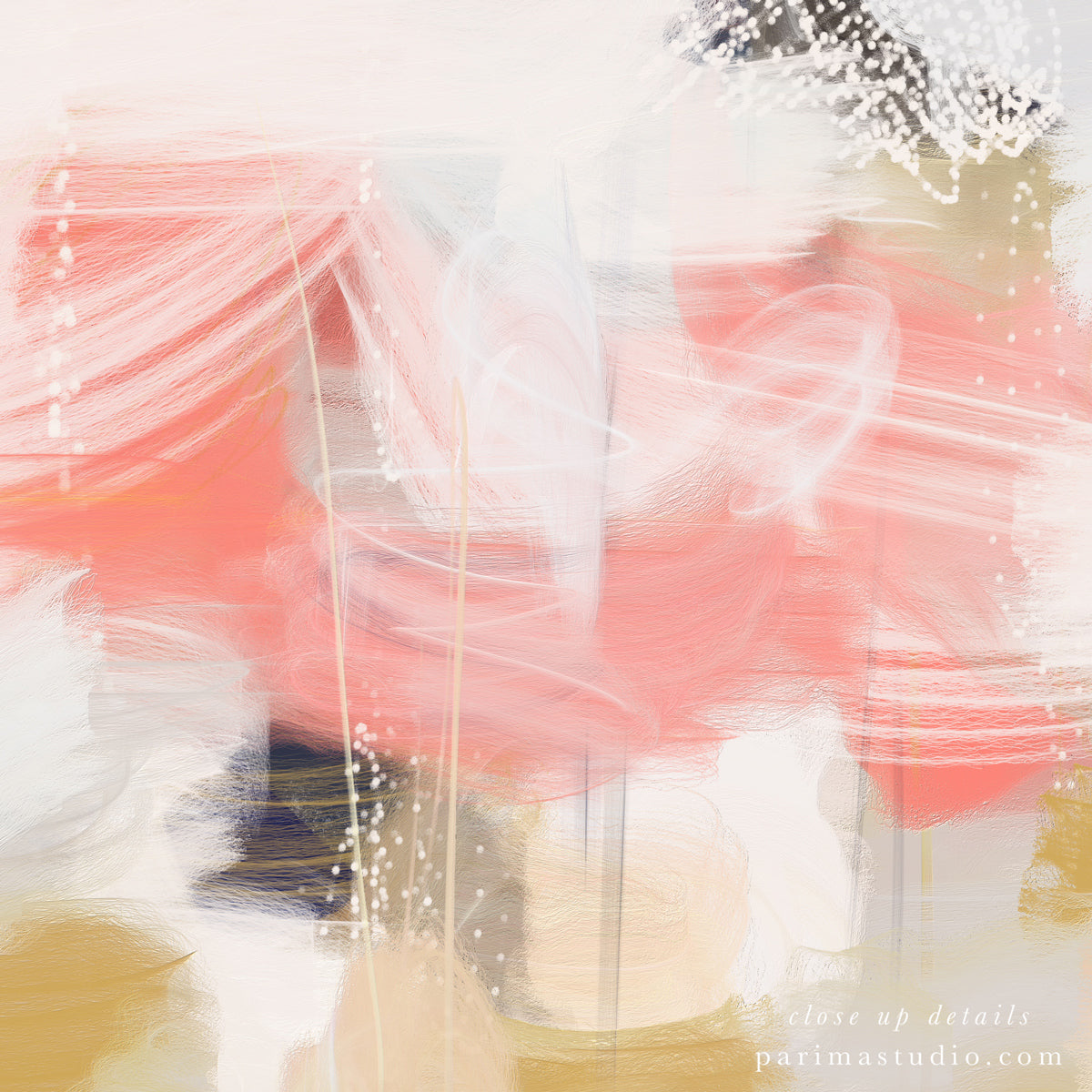 Close up of Emmi, pink and gold colorful abstract wall art print by Parima Studio