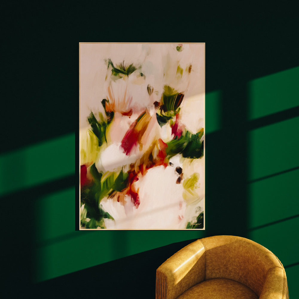 Gia , large green and red abstract art print by Parima Studio - wall art on dark green wall and leather chair