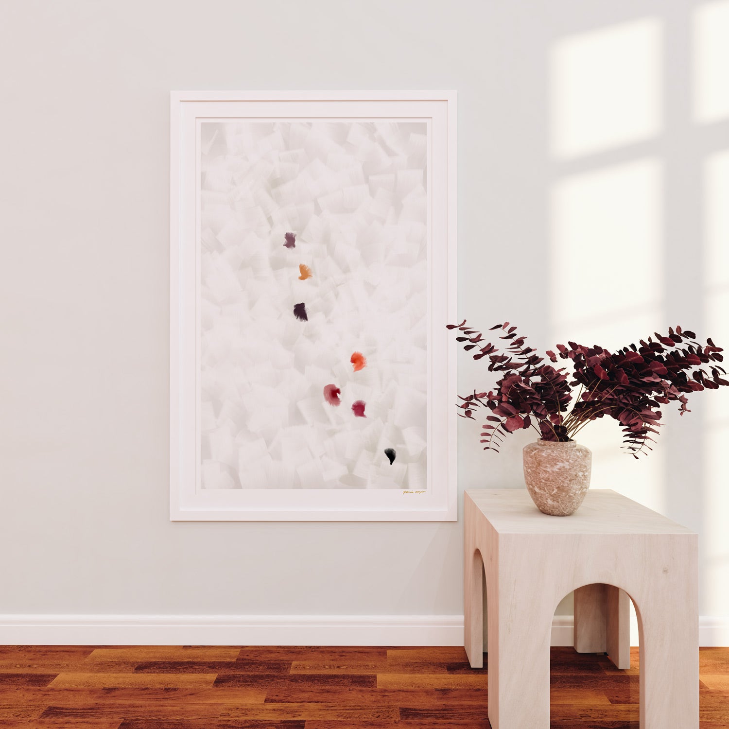 In Flight No.4, grey and purple colorful abstract wall art print by Parima Studio. Oversize art for living room