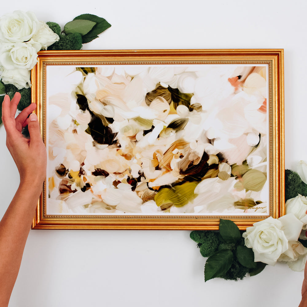 Irving, small neutral abstract art print in gold frame. Wall art for your home