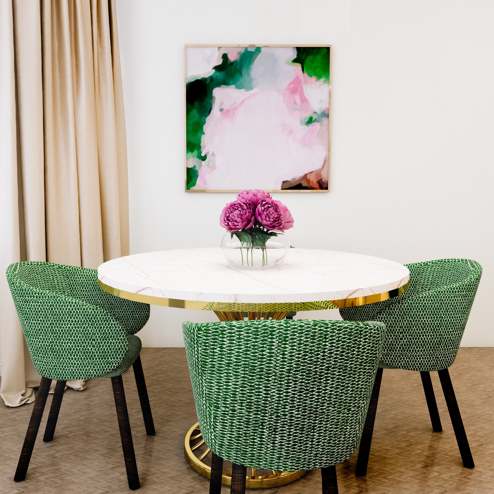 Jolie, large square pink and green abstract art print by Parima Studio. Styled in dinning room.