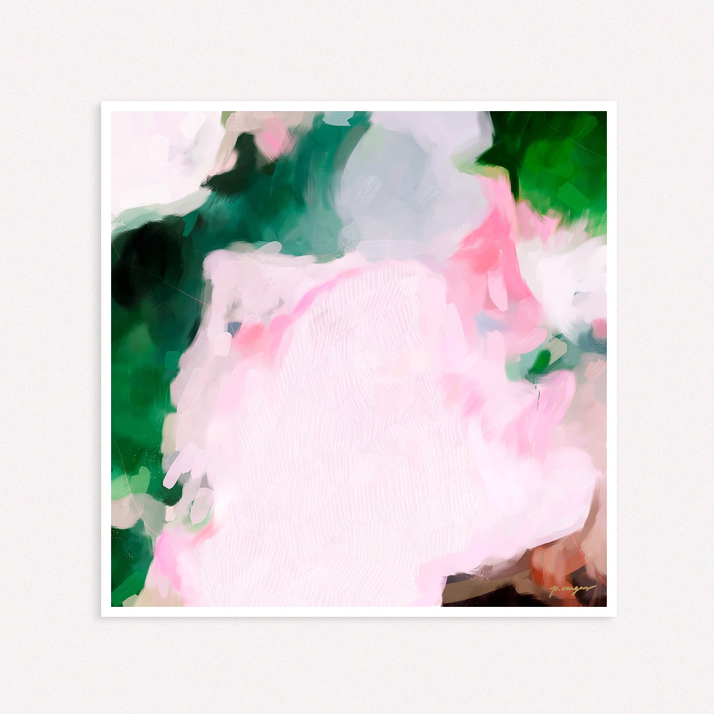 Jolie, large square pink and green abstract art print by Parima Studio