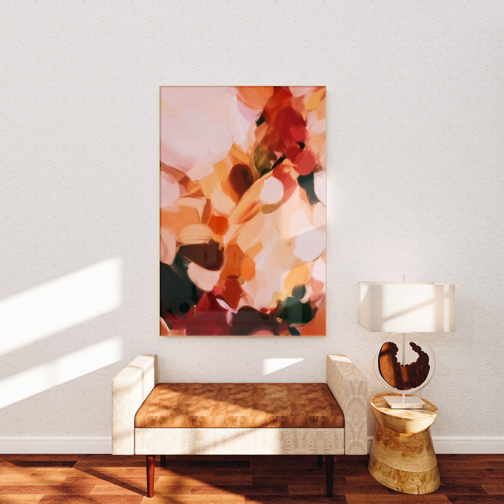 Southwest colored wall art - earthy abstract art print by Parima Studio in entryway - art over bench