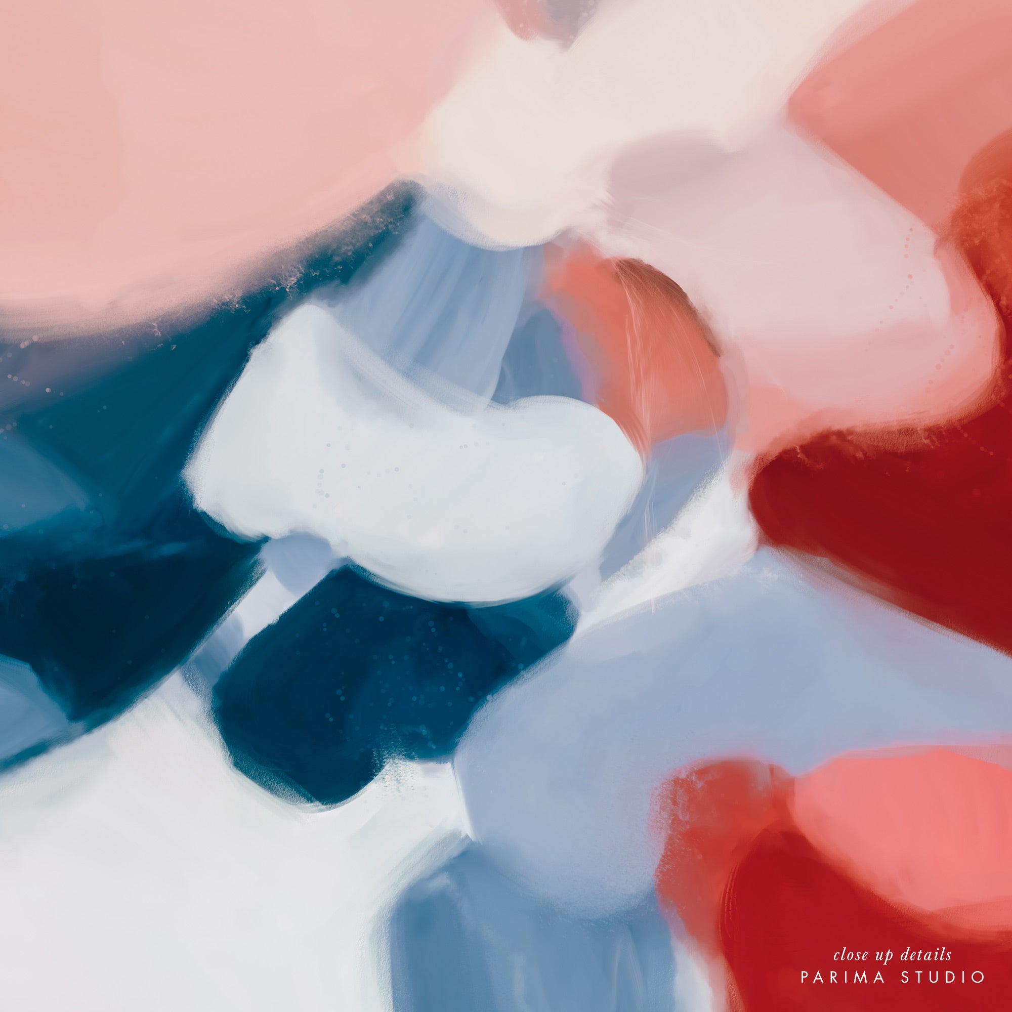 Close up detail of Marino, red and blue abstract art by Parima Studio