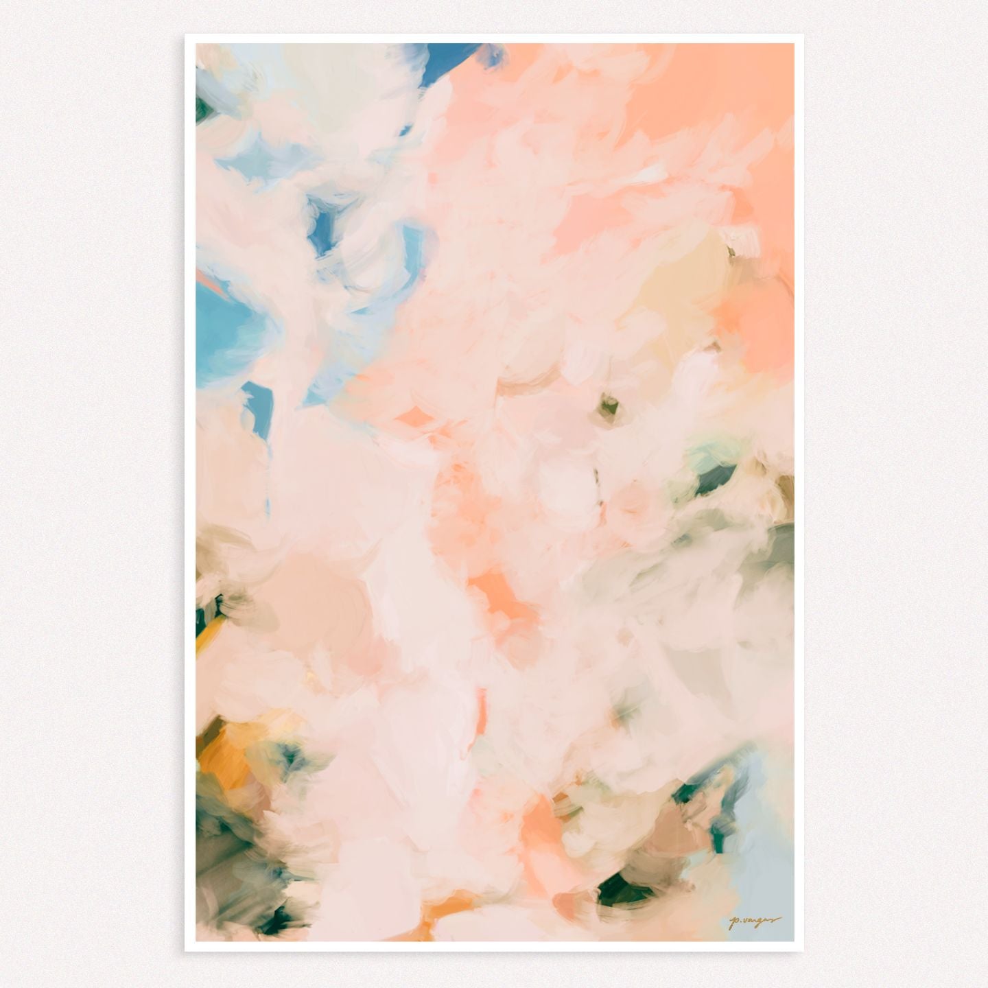 Peach Season, pink and blue colorful abstract wall art print by Parima Studio
