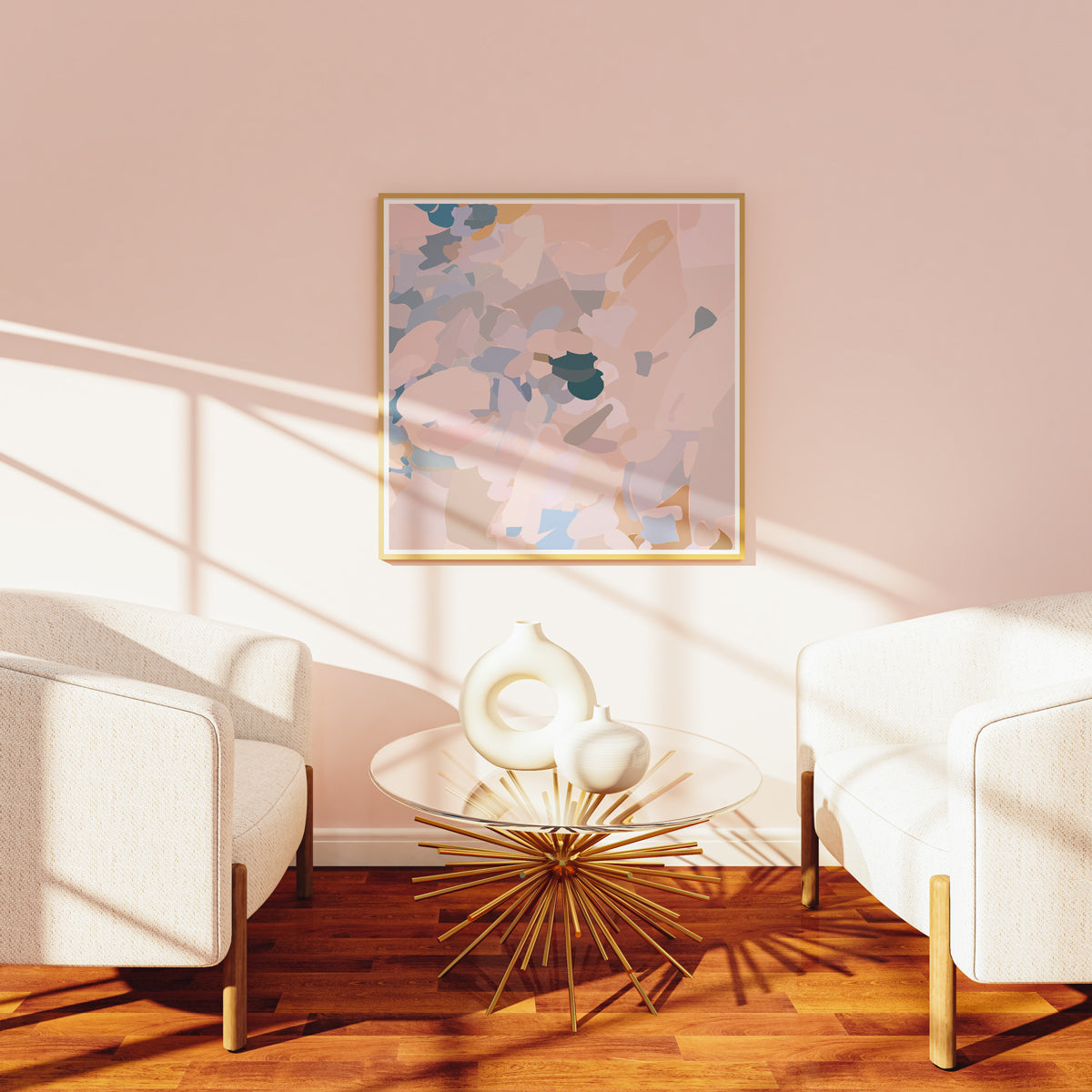 Pebbly Beach, pink and blue colorful abstract wall art print by Parima Studio. Oversized art for living room.