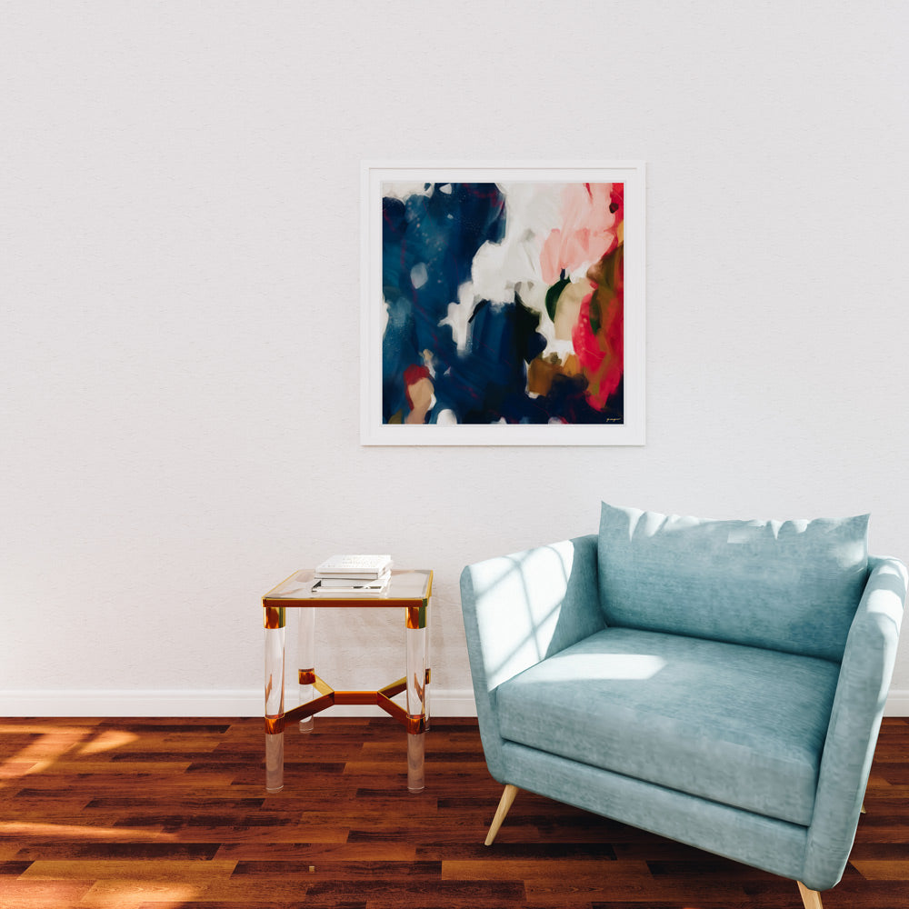 Roux, square hot pink and navy blue abstract art wall art print by Parima Studio . Bold colorful artwork for living room decor