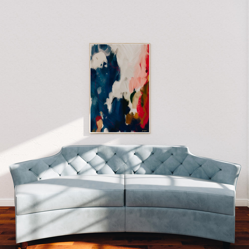 Roux, vertical pink and blue abstract art print via Parima Studio - bold colorful artwork for living room decor