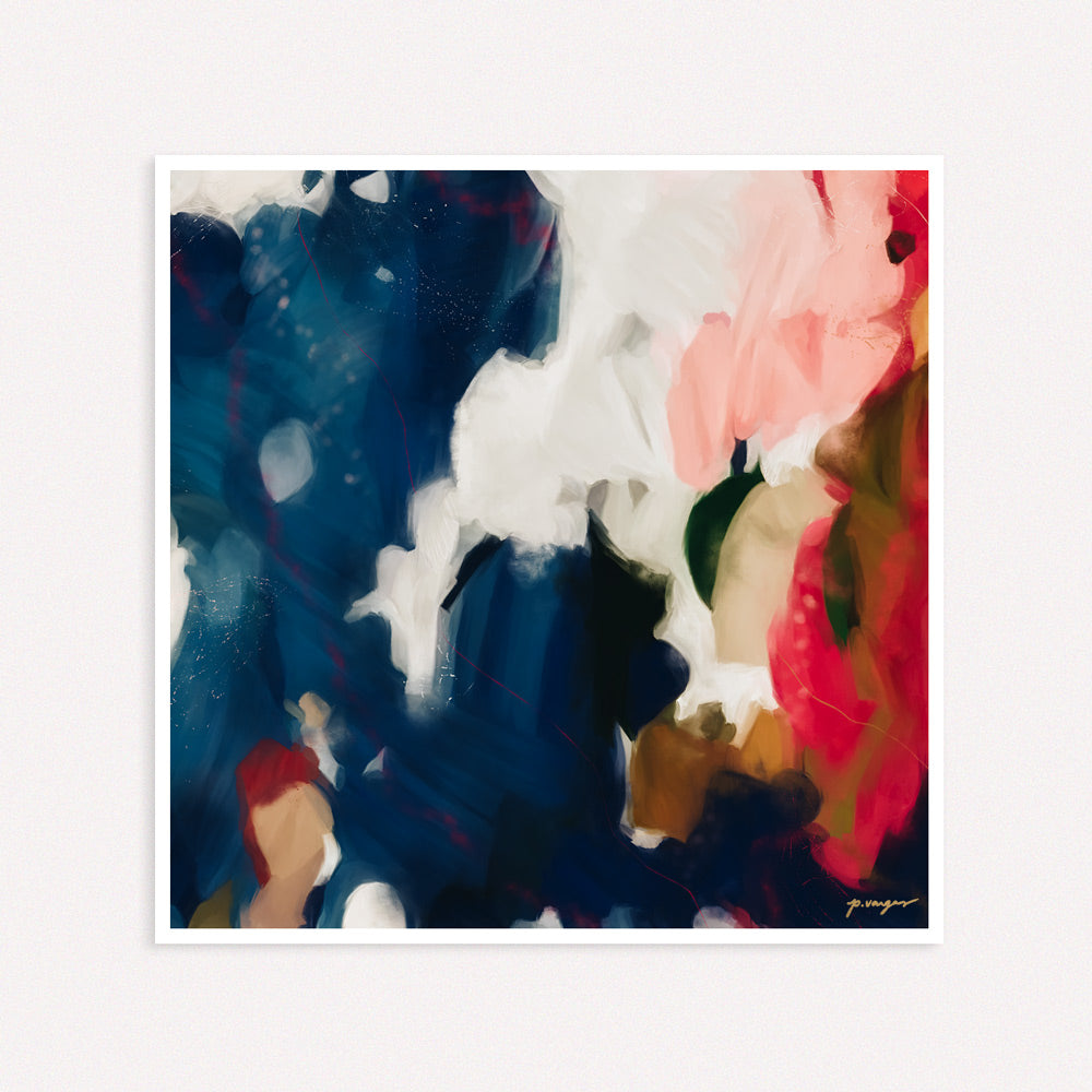 Roux, square hot pink and navy blue abstract art wall art print by Parima Studio