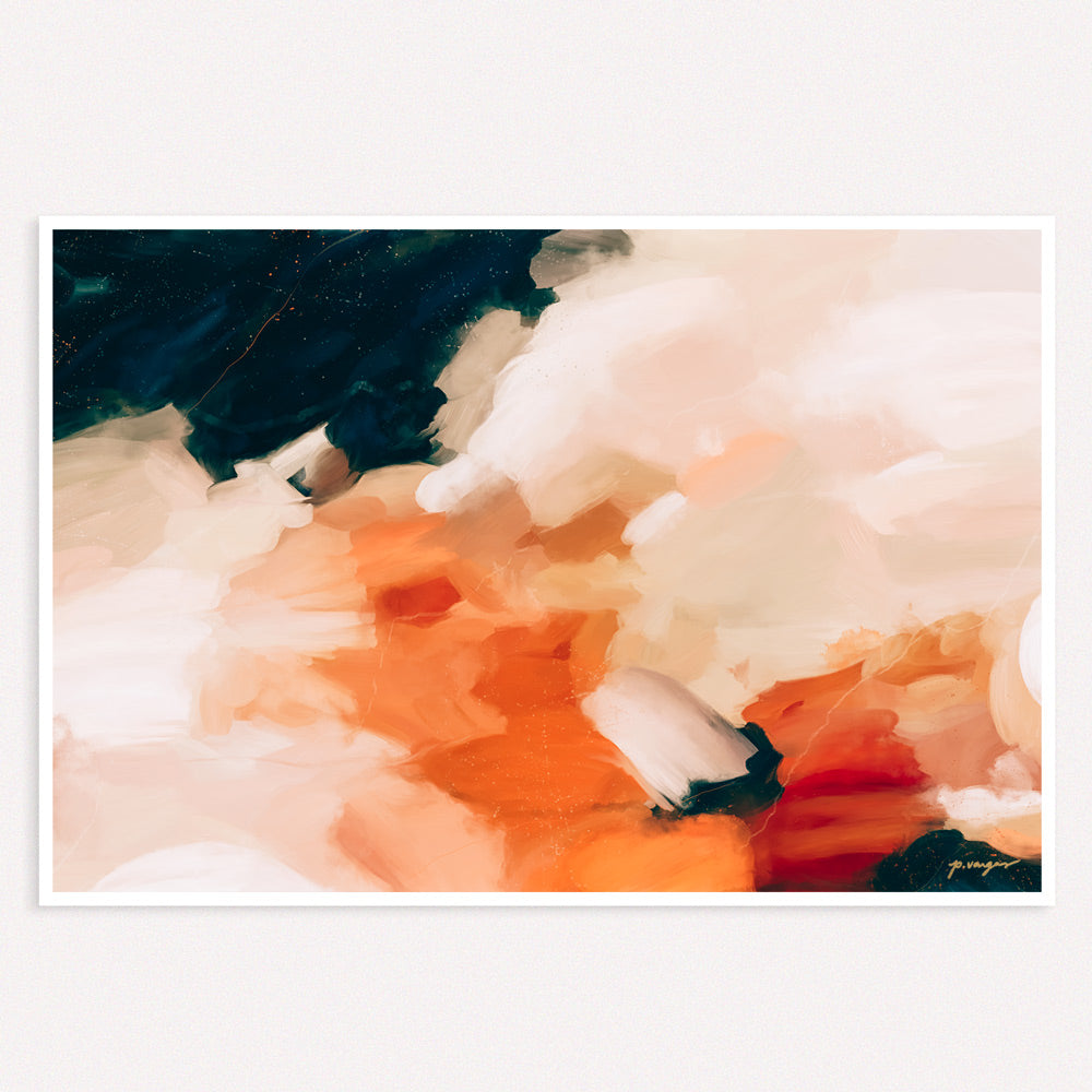 Sabrina, horizontal navy blue and orange contemporary abstract wall art print by Parima Studio