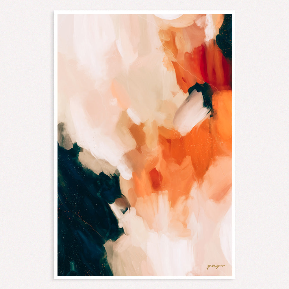 Sabrina, navy blue and orange abstract wall art print by Parima Studio - large scale vertical portrait art