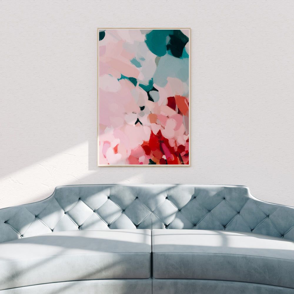 Tulip- large vertical portrait pink and teal abstract art print by Parima Studio - Pink and turquoise wall art over sofa