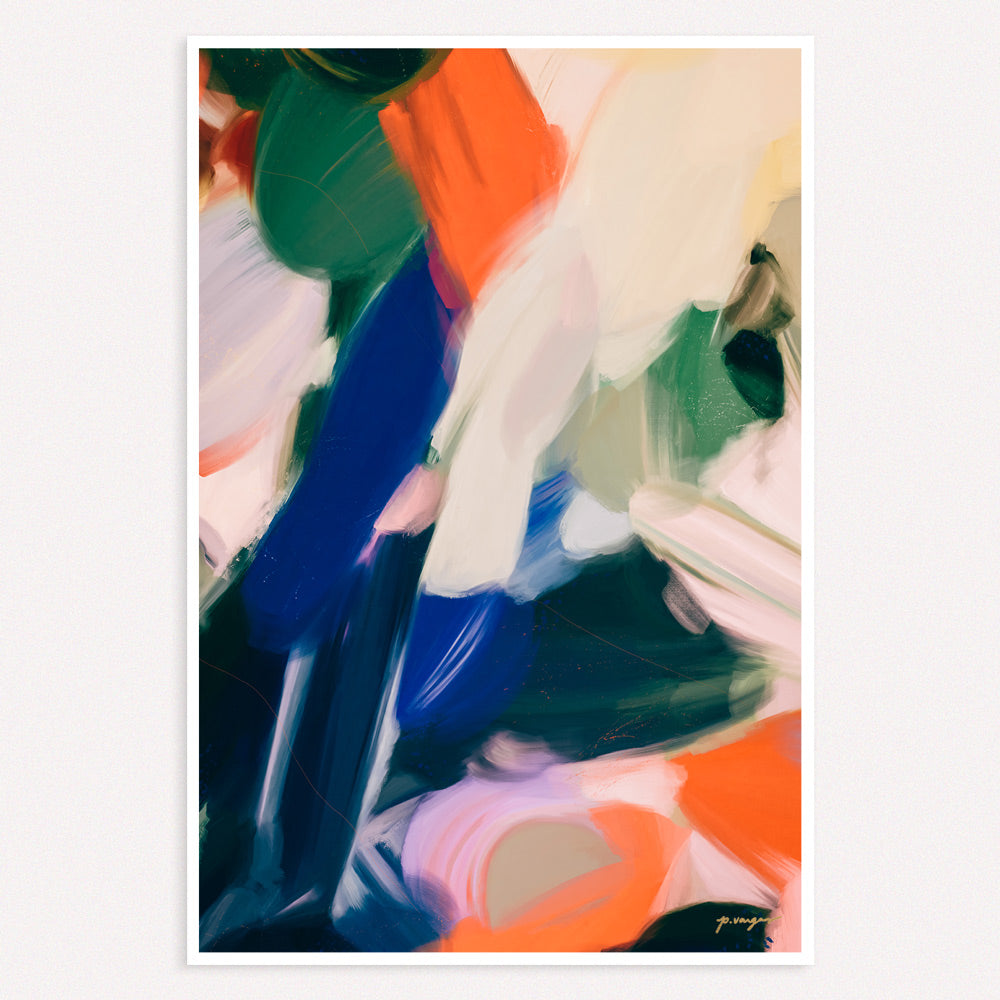 Anemone, bright blue and orange portrait abstract wall art print via Parima Studio