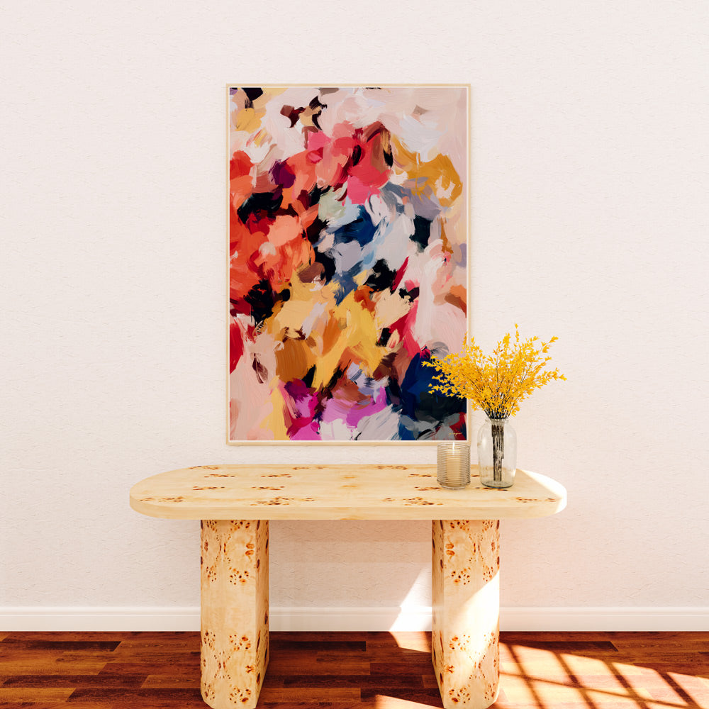 Wilde, multicolor bright abstract wall art print by Patricia Vargas, Parima Studio - Art over console in entryway decor.