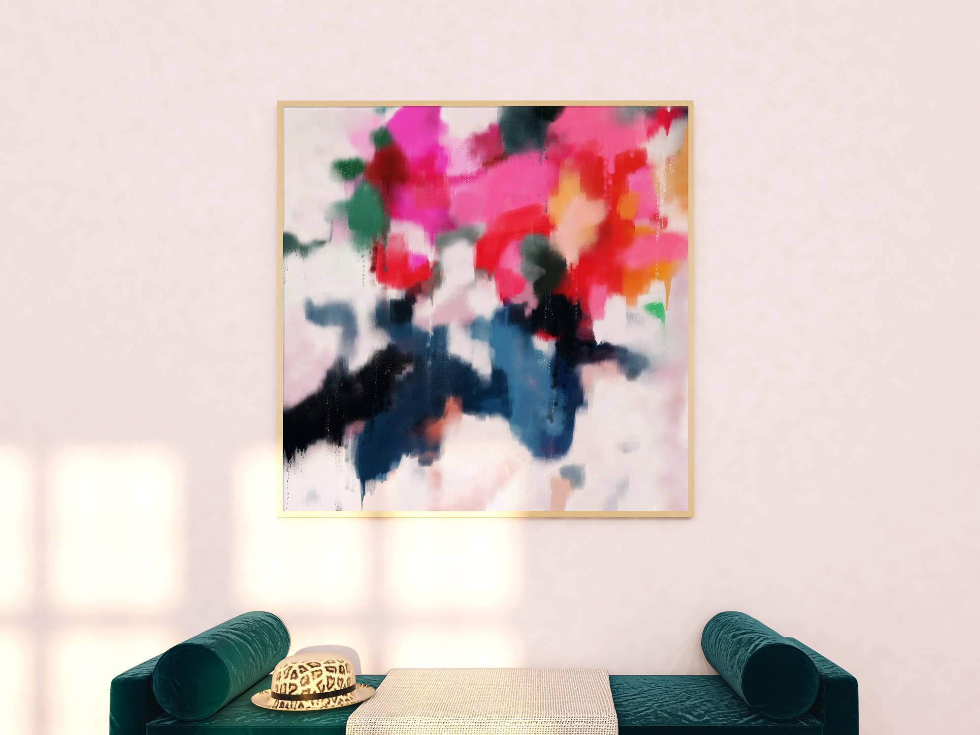 Pink and blue oversized art for entryway