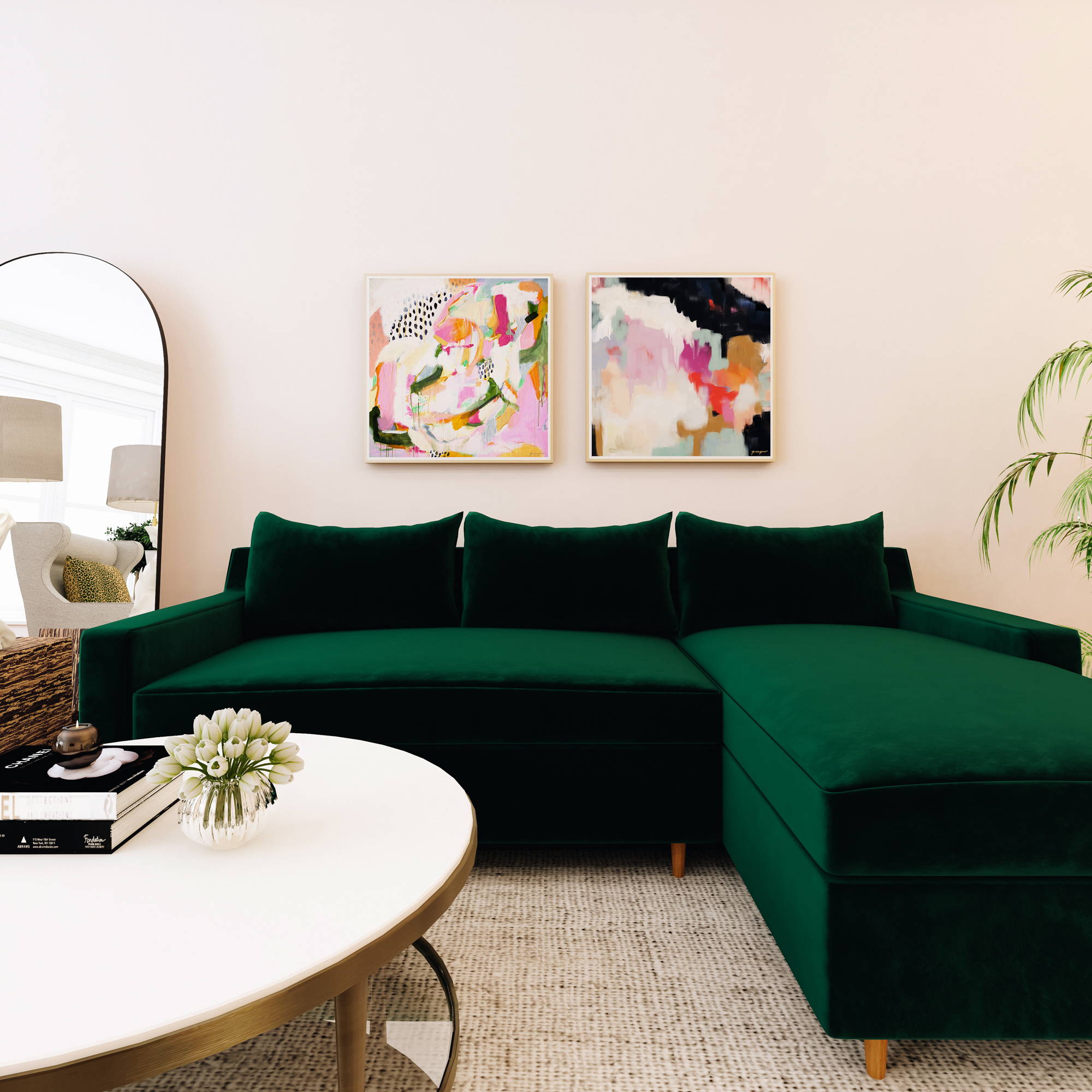 Abstract wall art pair over a green sofa