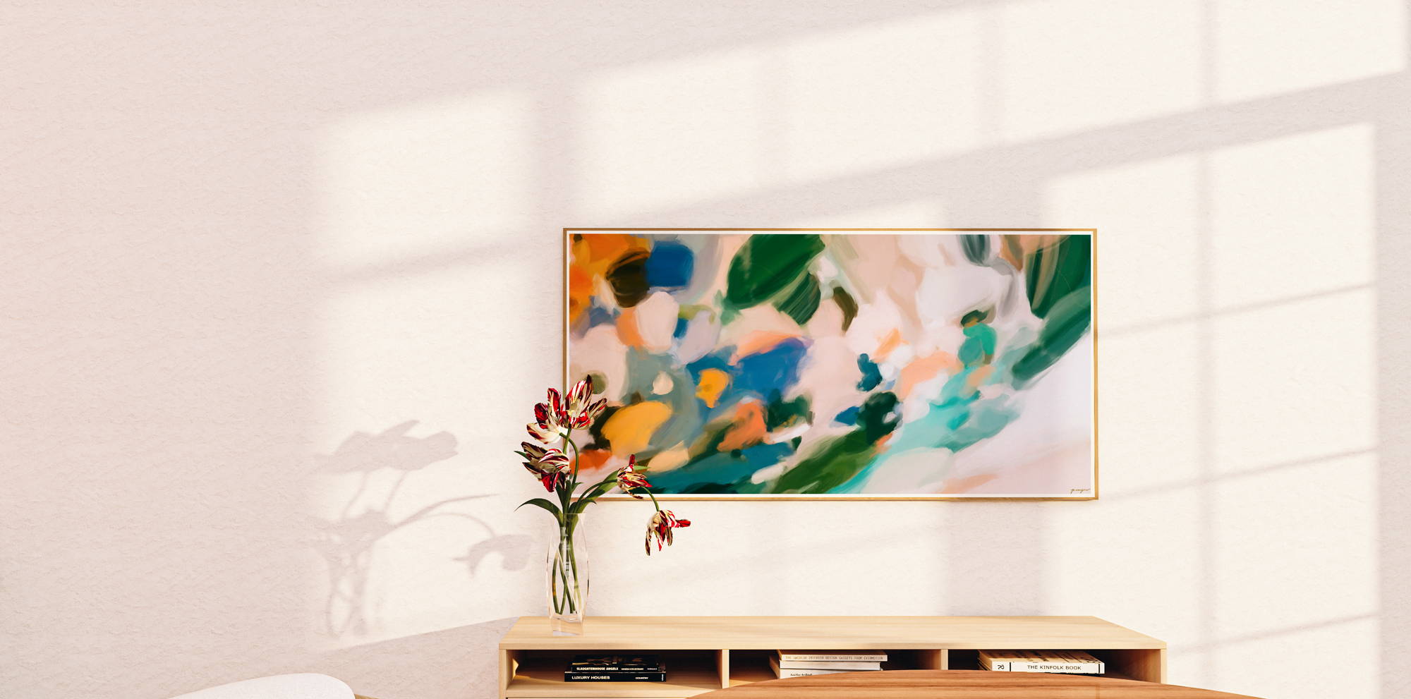 This large scale art adds a pop of color to your neutral dining room