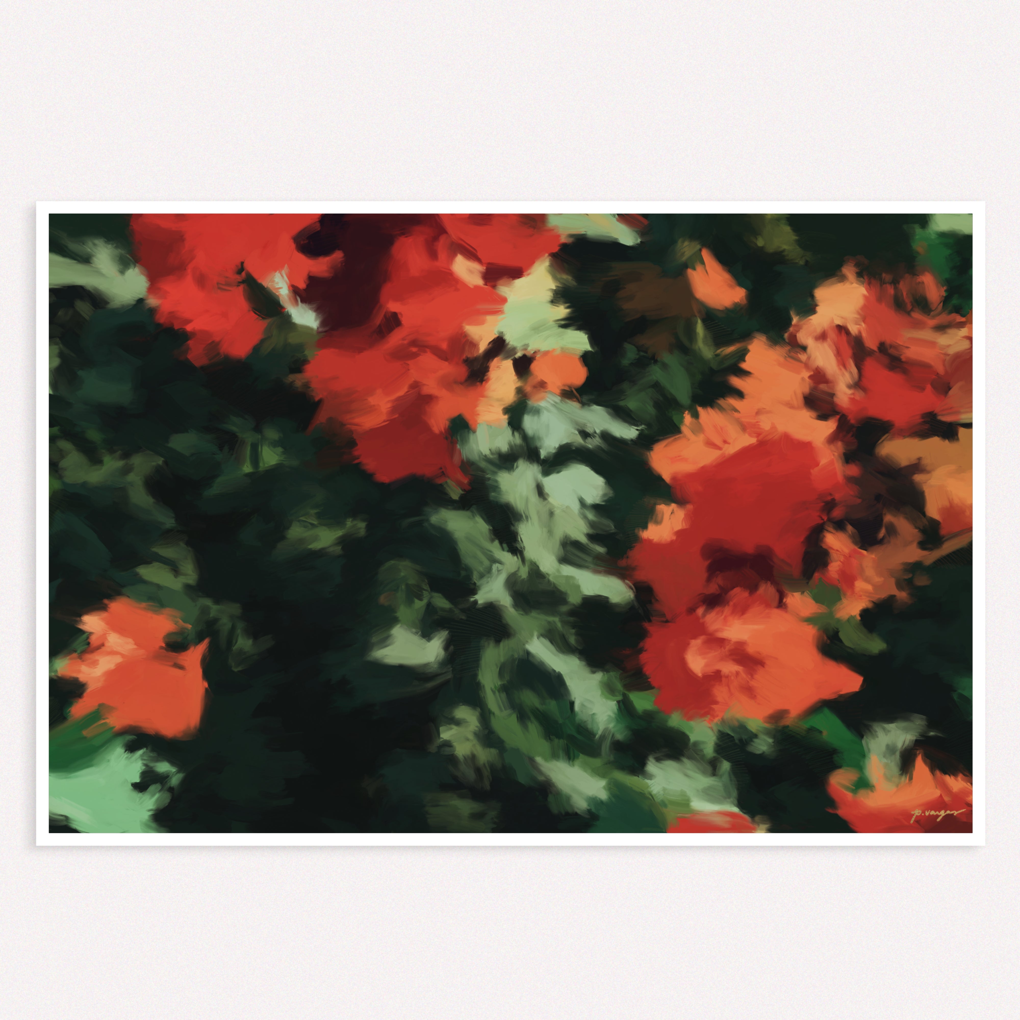 Rhosyn, Abstract painting of red and orange flowers with green leaves on a white background - wall art print