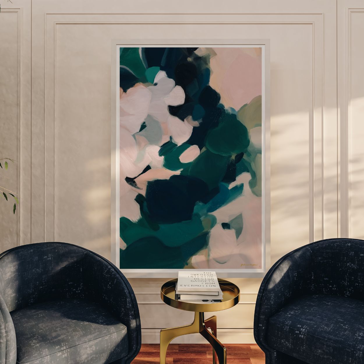 Aerwyn, green and pink colorful abstract wall art print by Parima Studio. Extra large vertical art for over armchairs in living room
