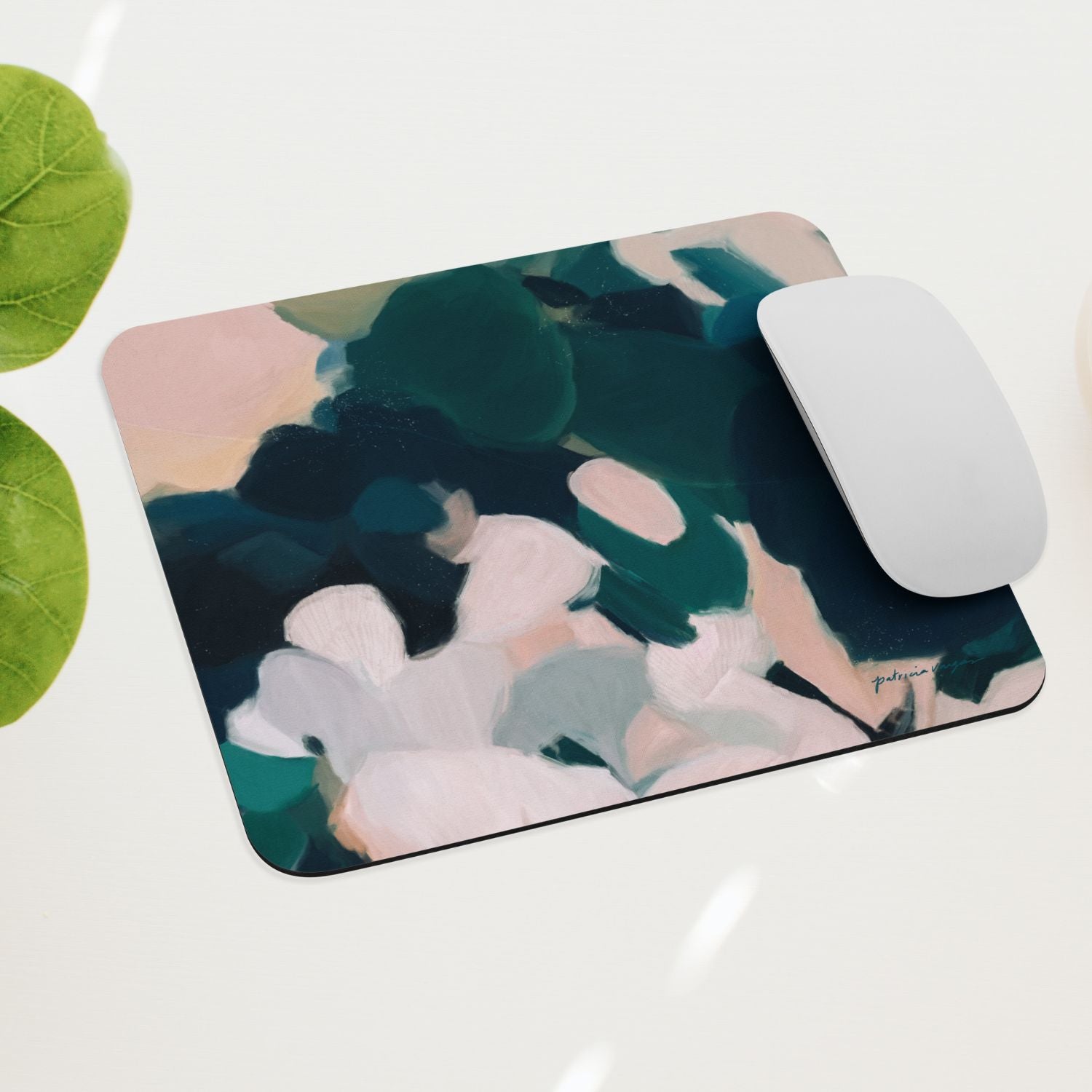 Aerwyn, green and pink mouse pad for styling your office desk. Featuring artwork by Parima Studio. Home office styling accessories, cubicle styling accessories.