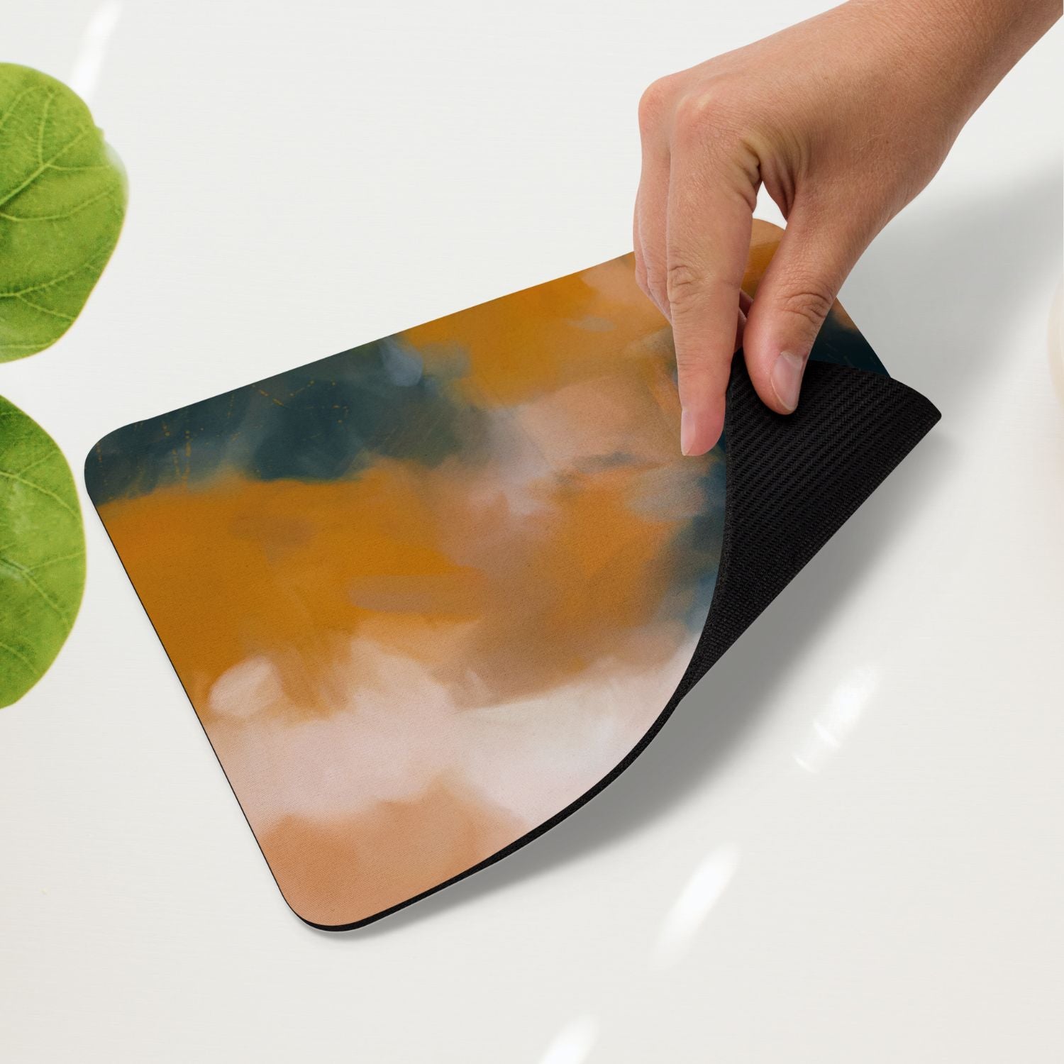 Amelie, blue and orange mouse pad for styling your office desk. Featuring artwork by Parima Studio. Home office styling accessories, cubicle styling accessories.