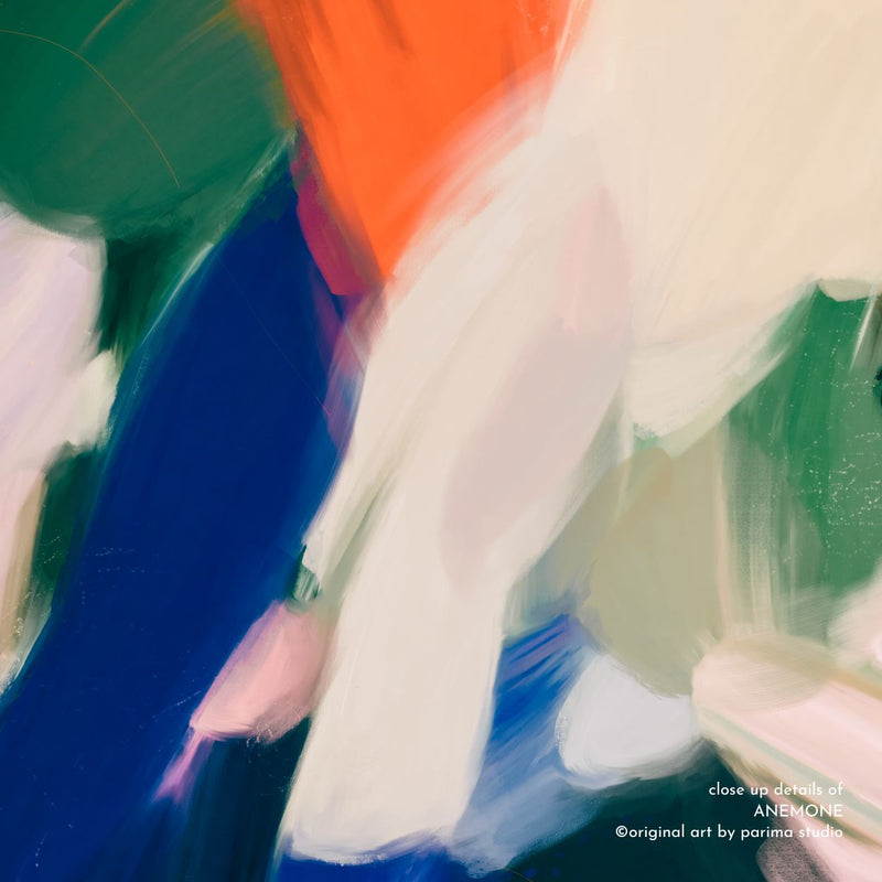 Close up of Anemone, bright blue and orange portrait abstract wall art print via Parima Studio