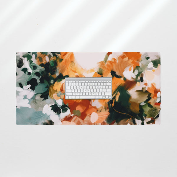 Aspen, green and orange desk mat for styling your office desk. Featuring artwork by Parima Studio. Home office styling accessories, cubicle styling accessories.