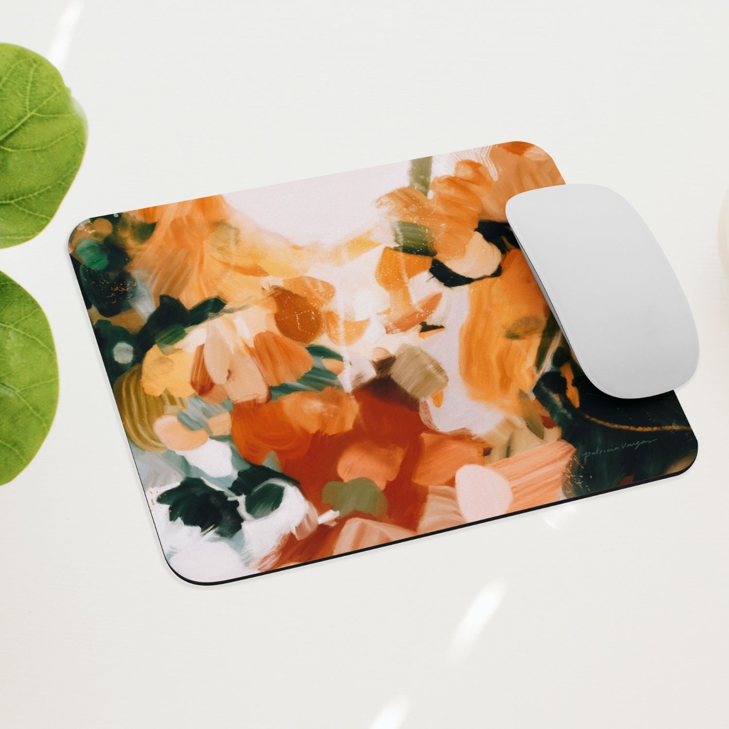 Aspen, green and orange mouse pad for styling your office desk. Featuring artwork by Parima Studio. Home office styling accessories, cubicle styling accessories.