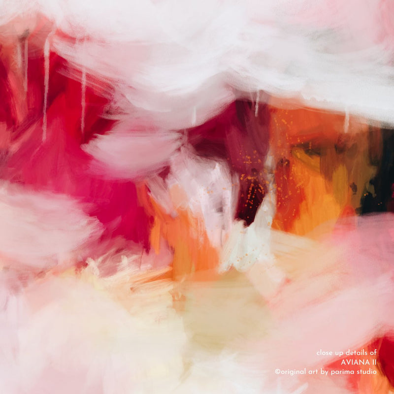 Close up of Aviana II, pink and yellow colorful abstract wall art print by Parima Studio