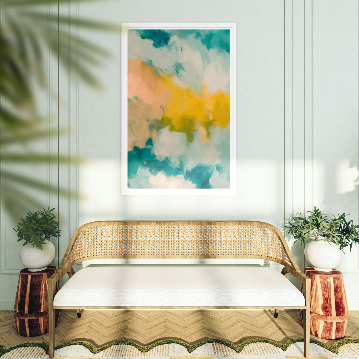 Beach Day, blue and yellow colorful abstract wall art print by Parima Studio. Large vertical wall art for over sofa in sitting room