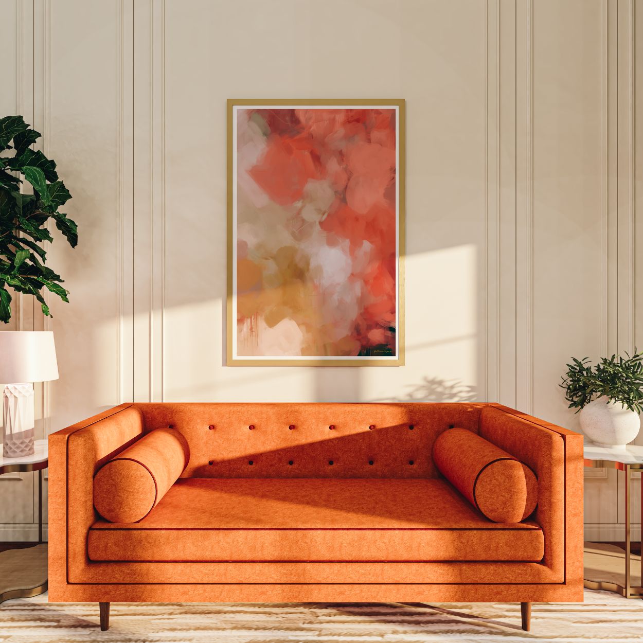 Begonia, pink and gold colorful abstract wall art print by Parima Studio. Oversize art for over sofa in living room
