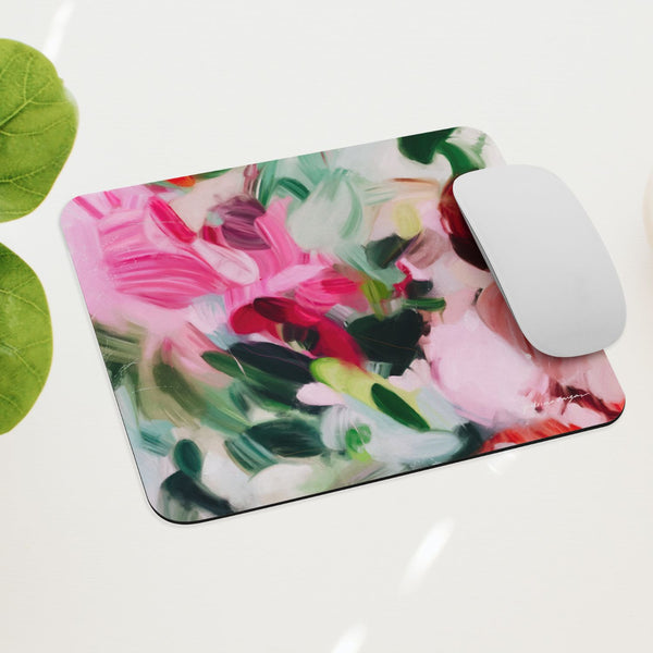 Bloom, pink and green mouse pad for styling your office desk. Featuring artwork by Parima Studio. Home office styling accessories, cubicle styling accessories.