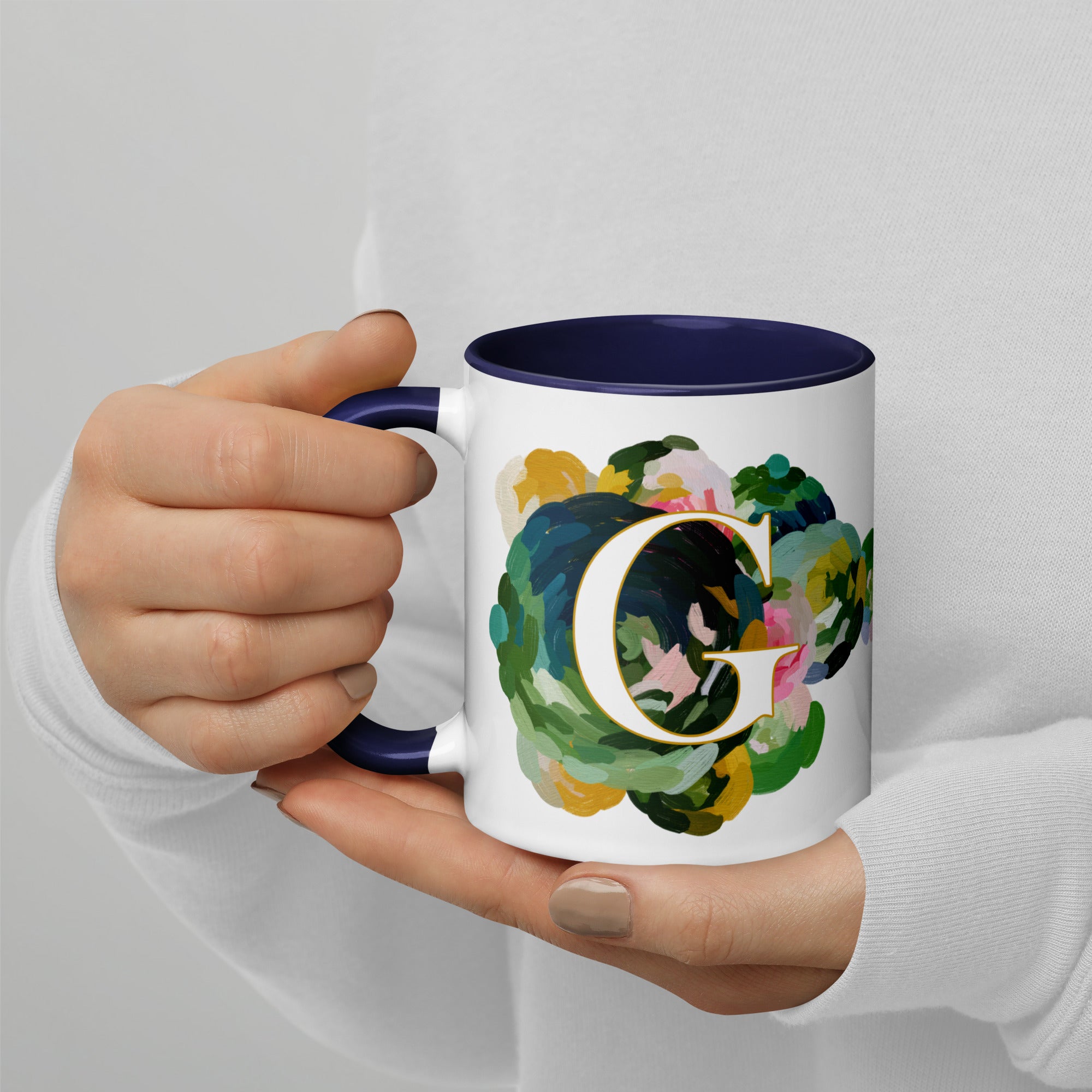 Blue Flowers Monogram Ceramic Mug - Letter G - Pretty coffee and tea mug for flower lovers. Colored on the inside and the handle. Art by Parima Studio. Chic floral mug