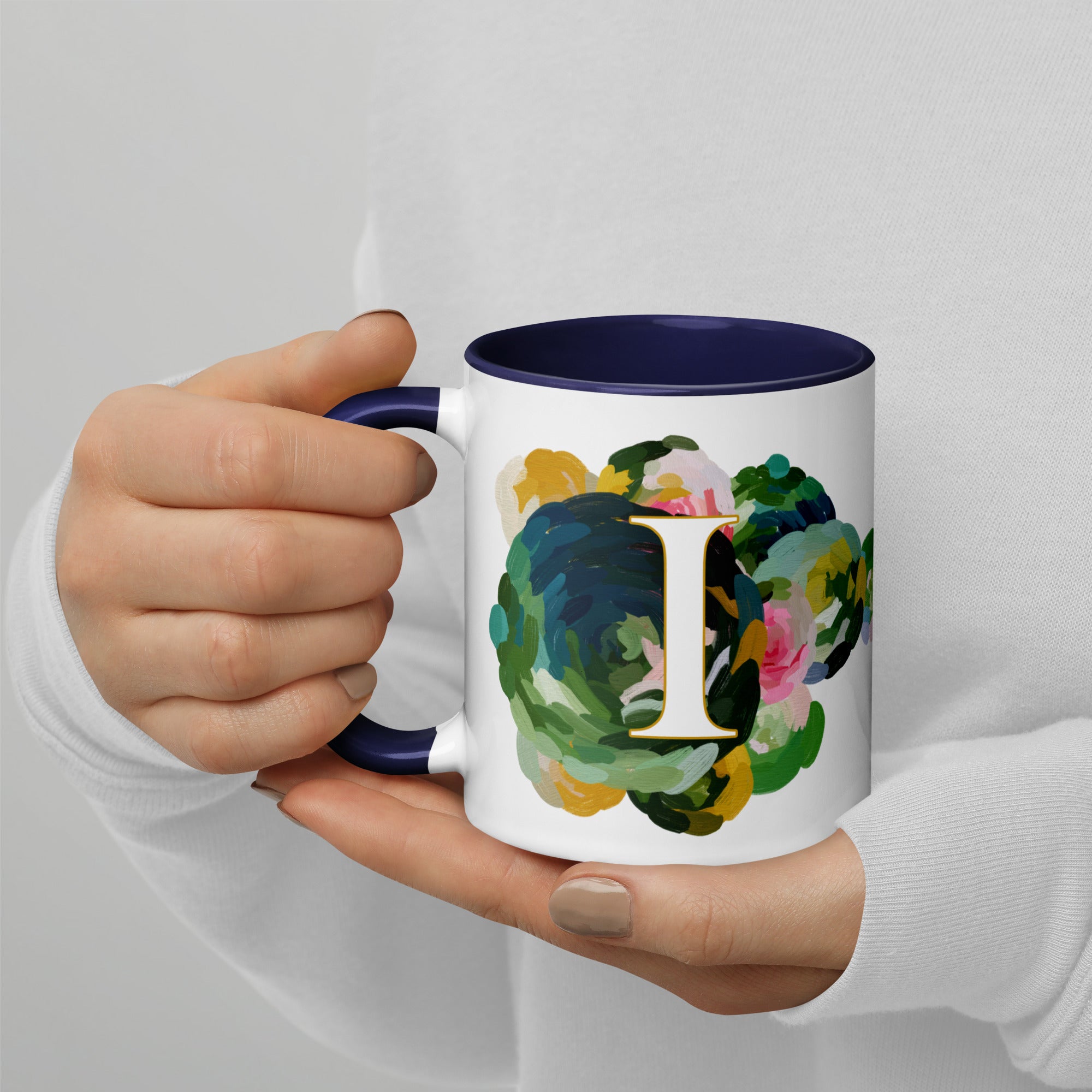 Blue Flowers Monogram Ceramic Mug - Letter I - Pretty coffee and tea mug for flower lovers. Colored on the inside and the handle. Art by Parima Studio. Chic floral mug