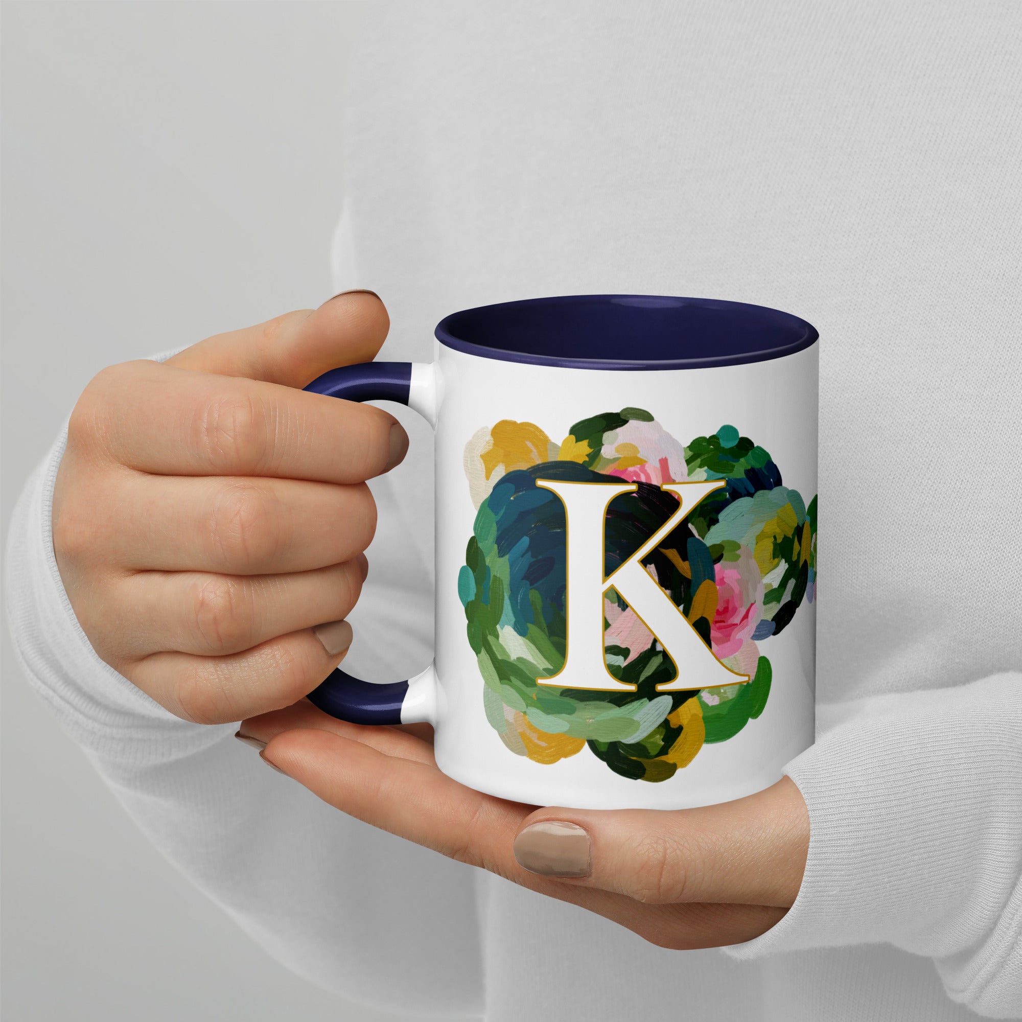 Blue Flowers Monogram Ceramic Mug - Letter K - Pretty coffee and tea mug for flower lovers. Colored on the inside and the handle. Art by Parima Studio. Chic floral mug