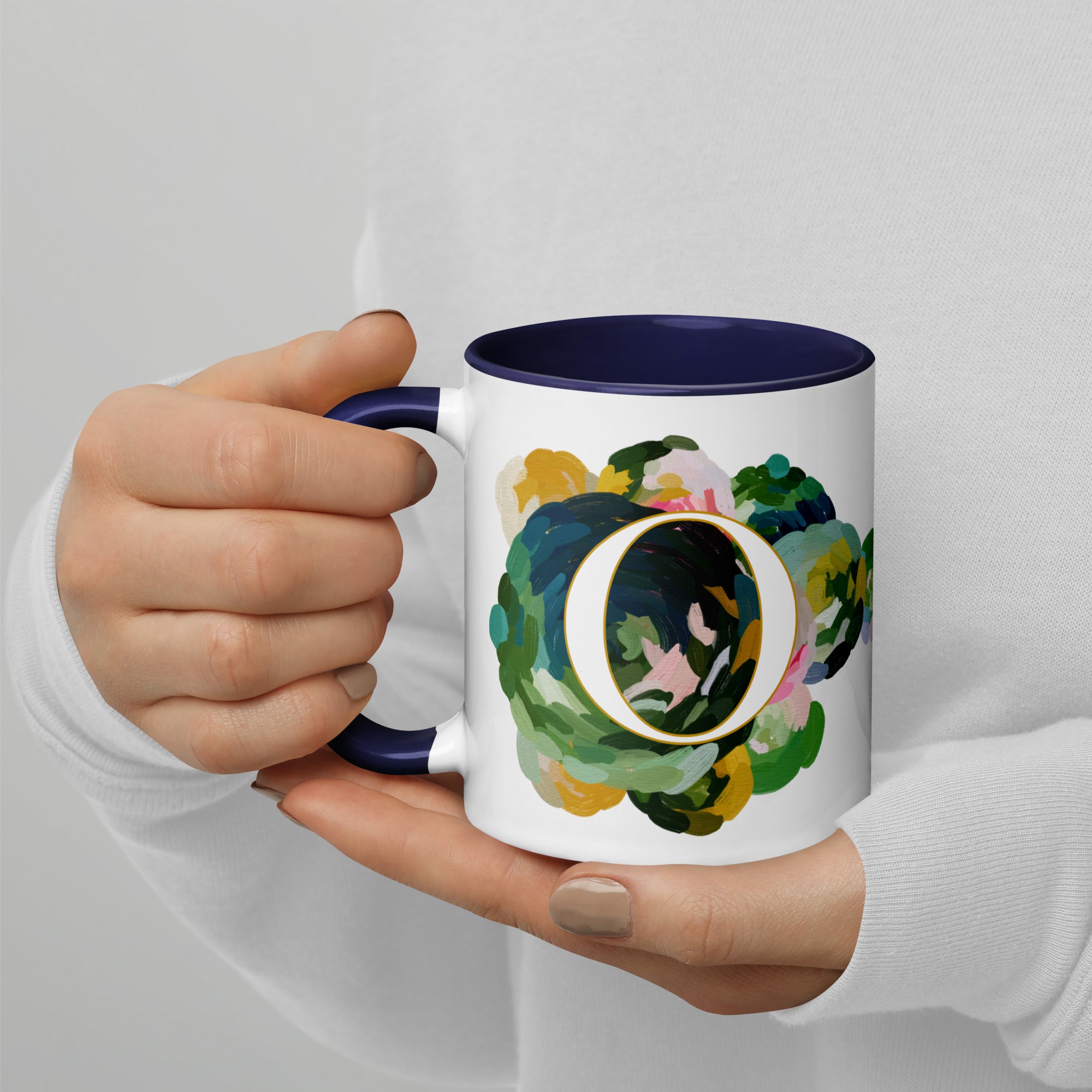 Blue Flowers Monogram Ceramic Mug - Letter O - Pretty coffee and tea mug for flower lovers. Colored on the inside and the handle. Art by Parima Studio. Chic floral mug