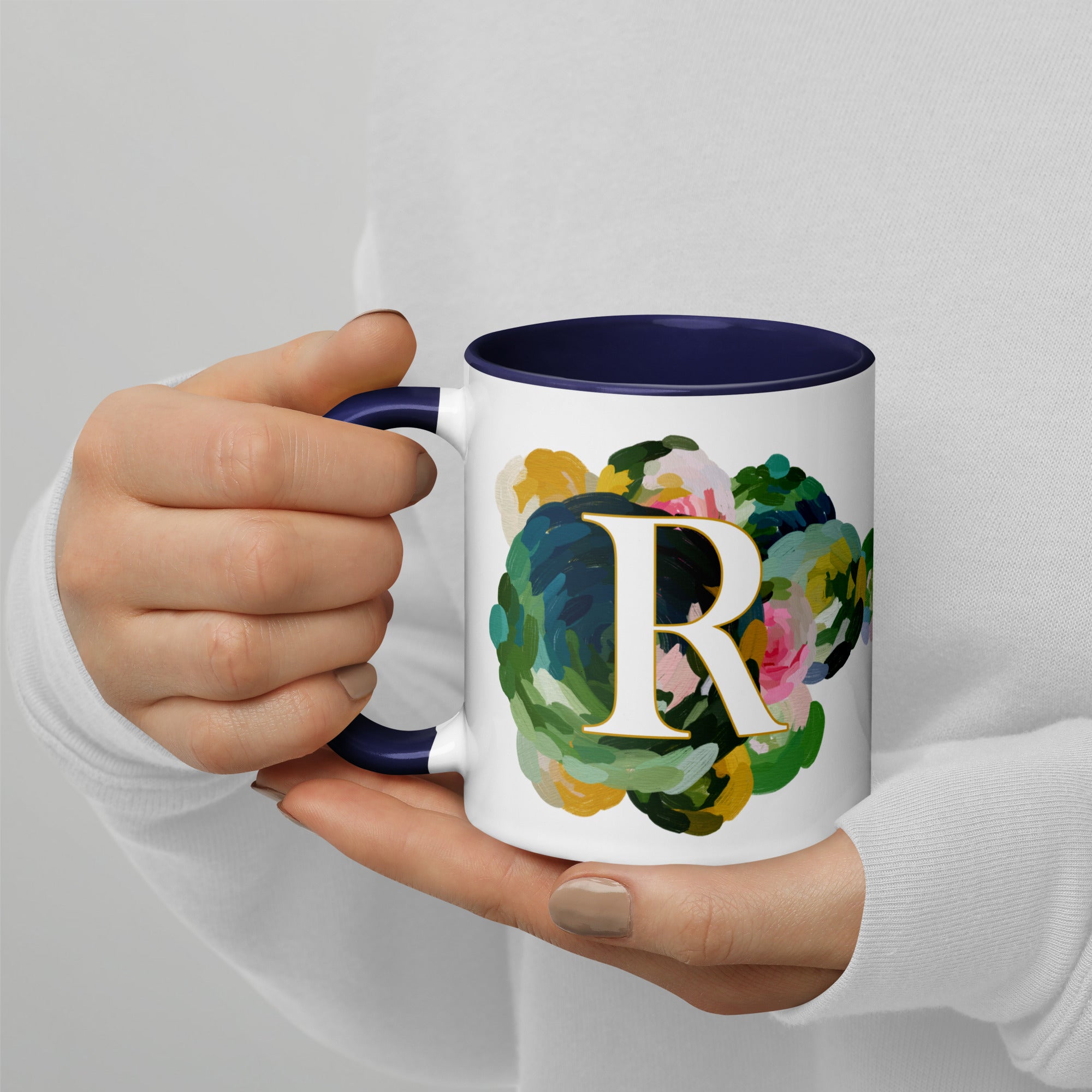 Blue Flowers Monogram Ceramic Mug - Letter R - Pretty coffee and tea mug for flower lovers. Colored on the inside and the handle. Art by Parima Studio. Chic floral mug