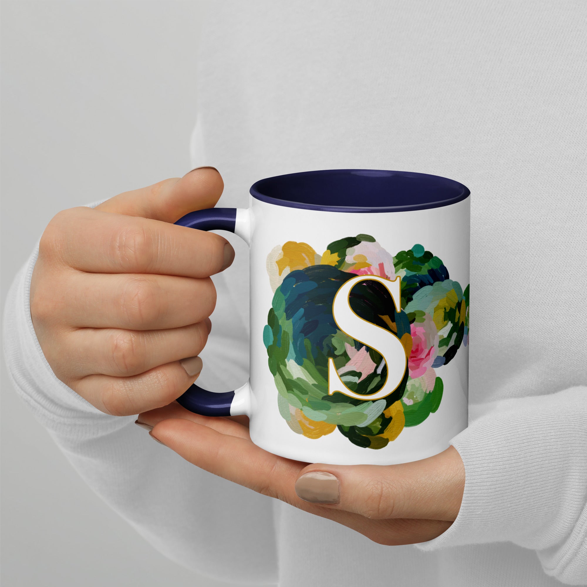 Blue Flowers Monogram Ceramic Mug - Letter S - Pretty coffee and tea mug for flower lovers. Colored on the inside and the handle. Art by Parima Studio. Chic floral mug