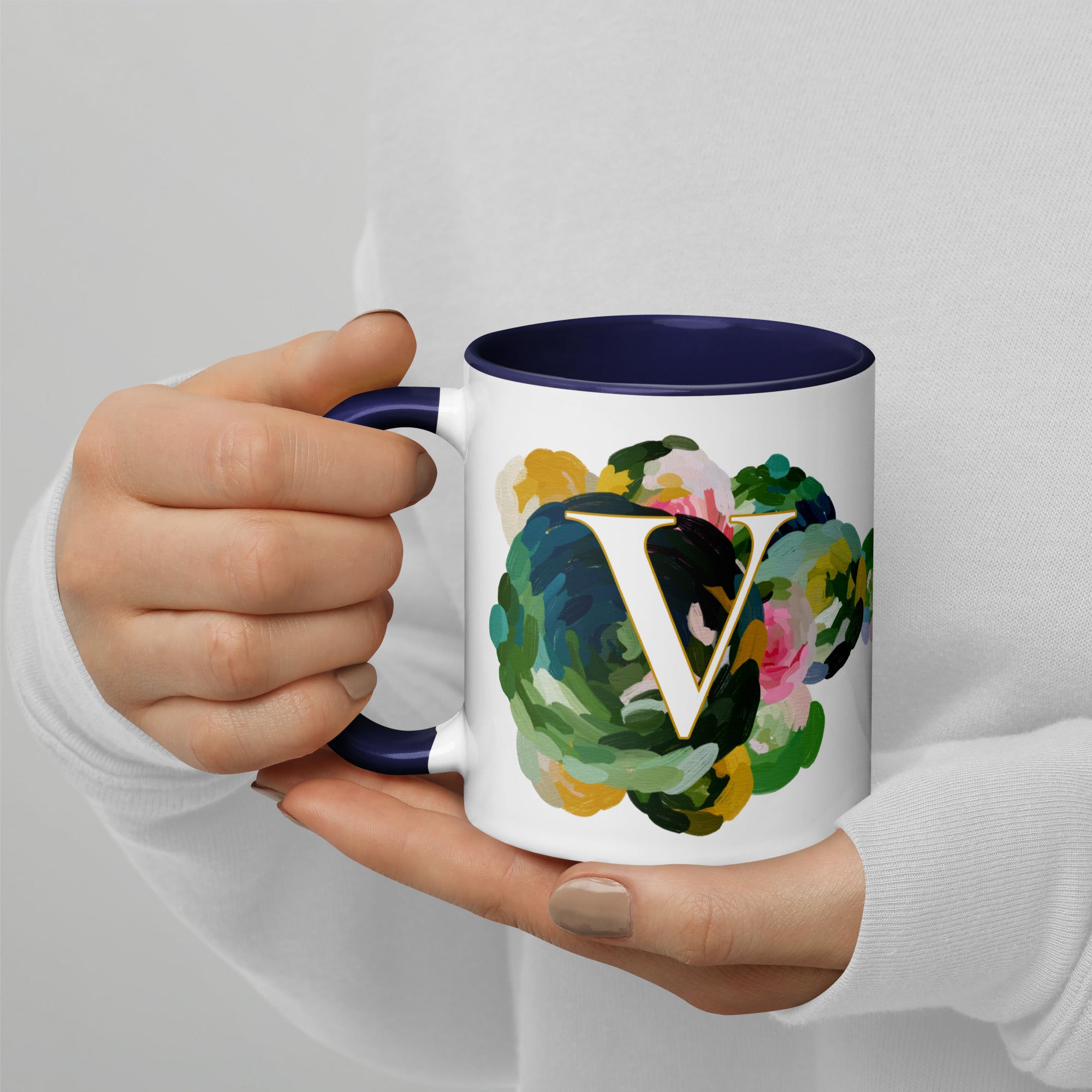 Blue Flowers Monogram Ceramic Mug - Letter V - Pretty coffee and tea mug for flower lovers. Colored on the inside and the handle. Art by Parima Studio. Chic floral mug