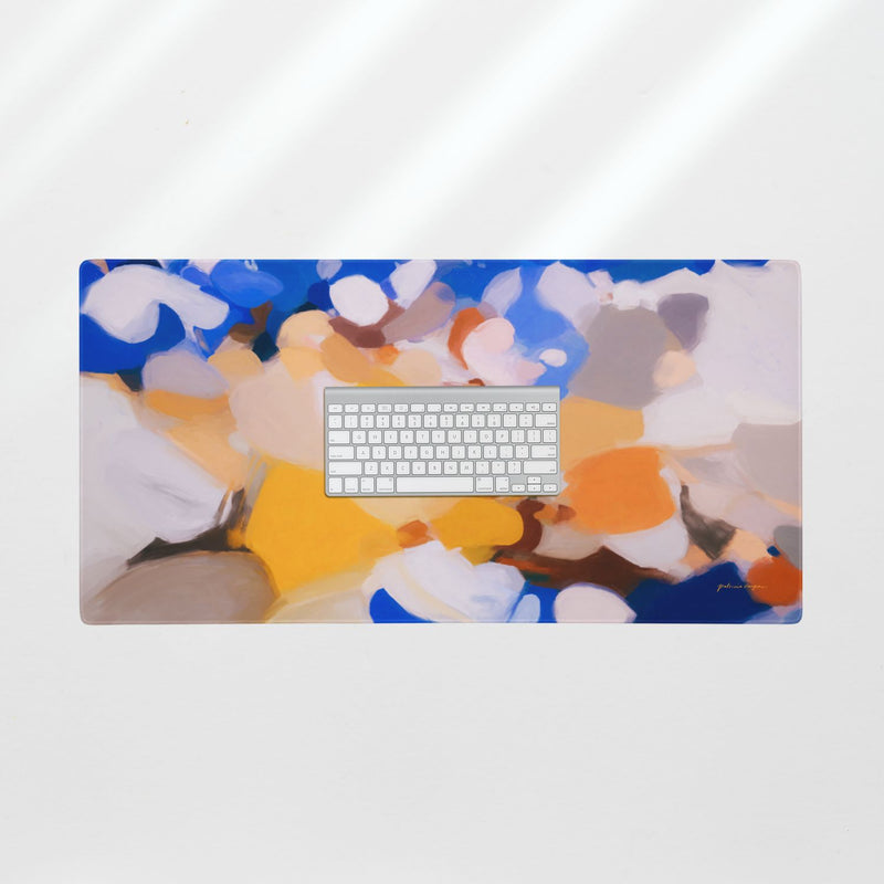 Bluebell, blue and yellow desk mat for styling your office desk. Featuring artwork by Parima Studio. Home office styling accessories, cubicle styling accessories.