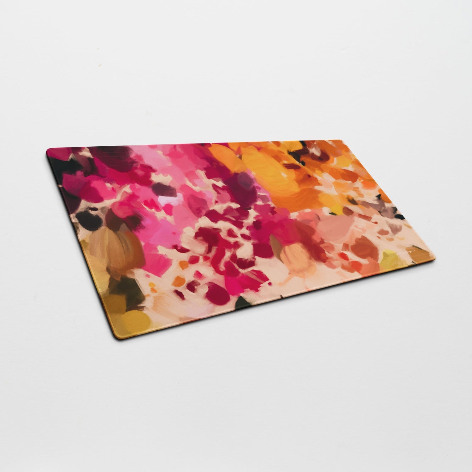 Bougainvillea, pink and orange colorful artsy desk mat. Abstract chic desk mat, desk pad, large, chic office accessories - side view