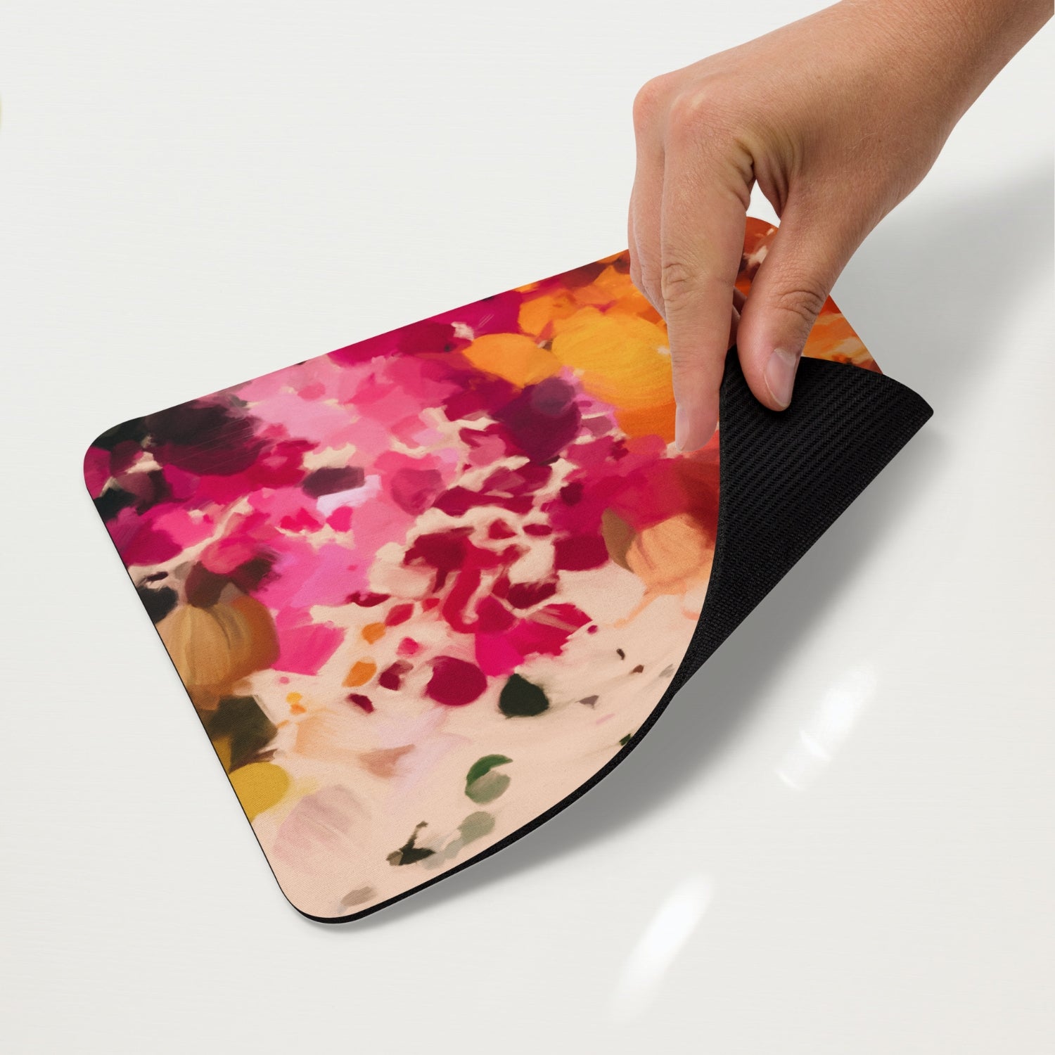 Bougainvillea, pink orange, bright colorful mouse pad featuring abstract art by Parima Studio