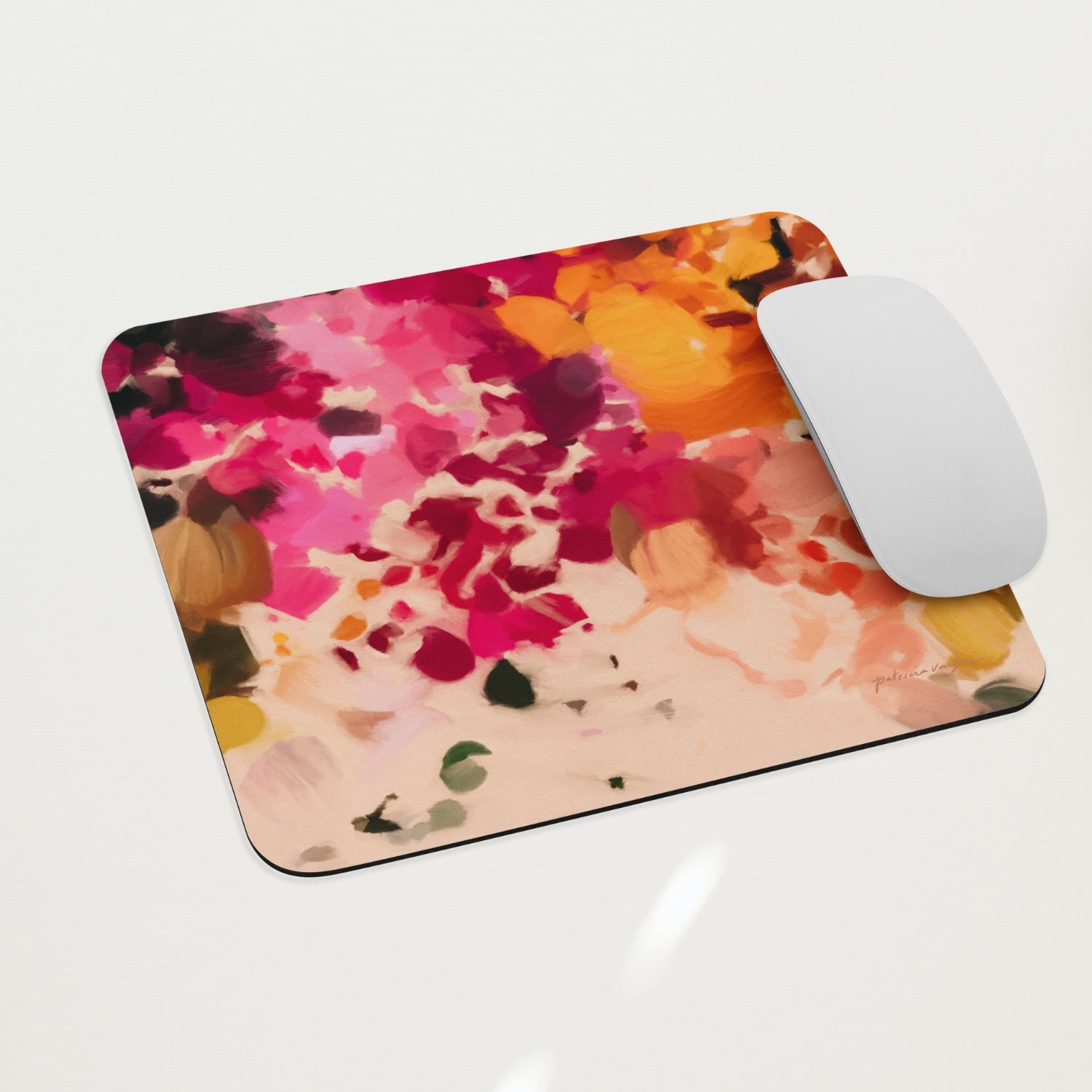 Bougainvillea, pink orange, bright colorful mouse pad featuring abstract art by Parima Studio