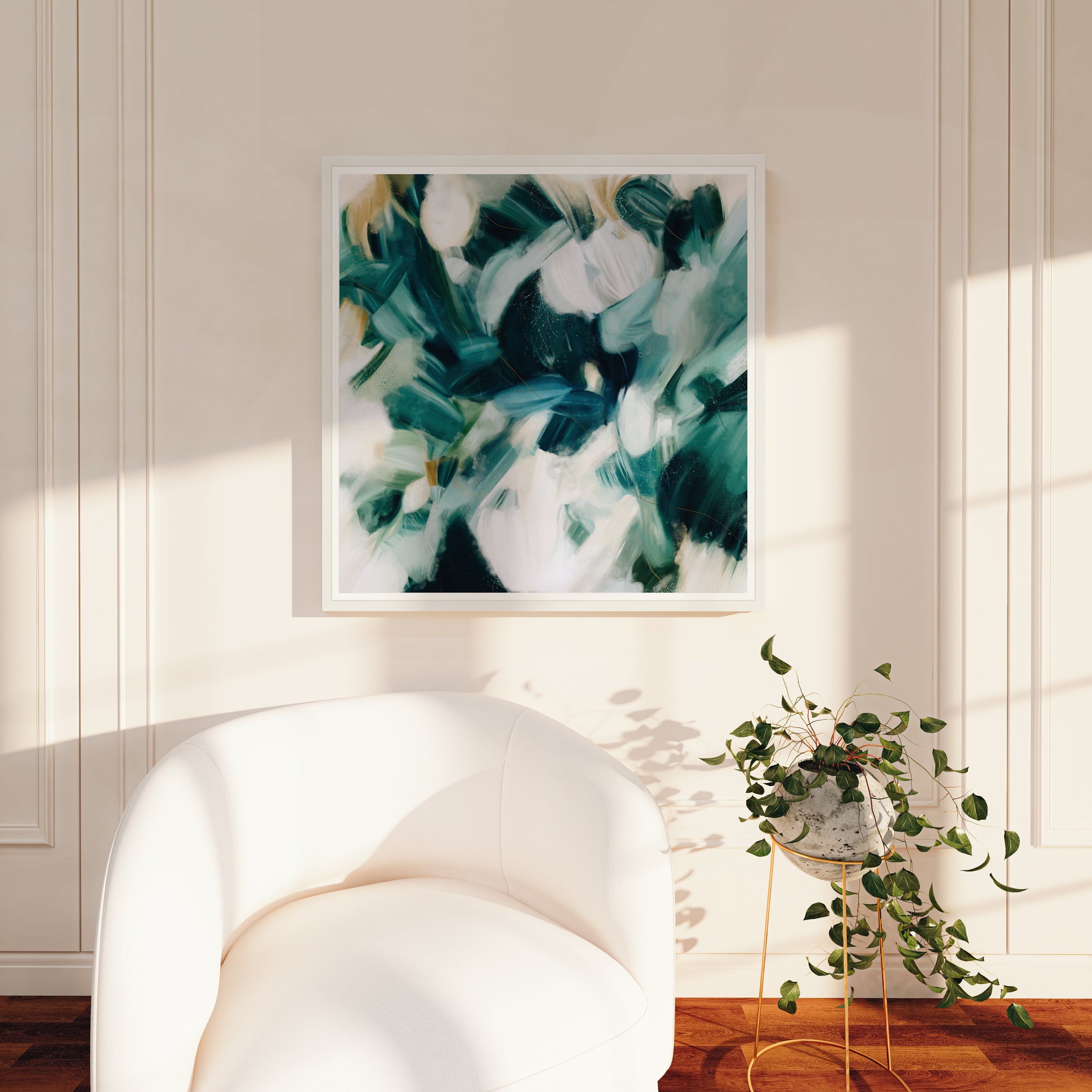 Caspian, blue abstract framed wall art print by Parima Studio. Art for over the sofa and living room decor.