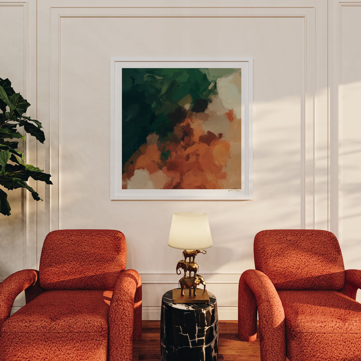 Cedar, green and orange colorful abstract wall art print by Parima Studio. Oversize art for living room over arm chairs
